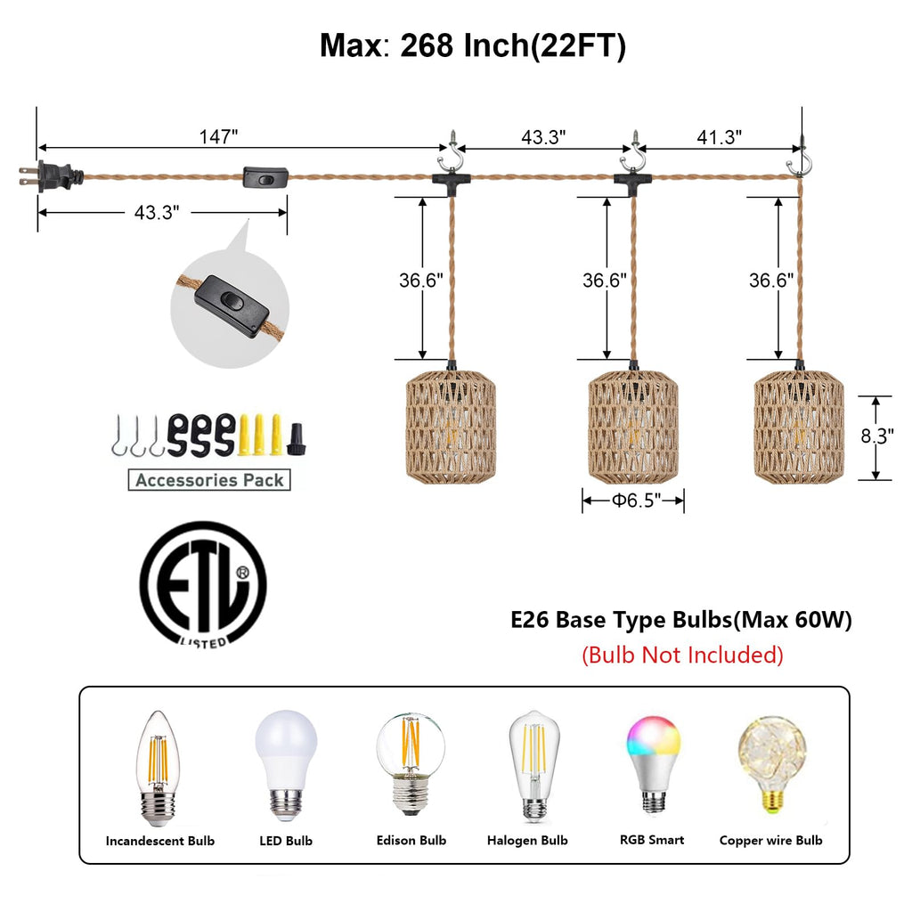 3 Lights Plug in Pendant Light with Cord On/Off Switch Rattan Hanging Lamp with 22ft Hand Woven Wicker Plug in