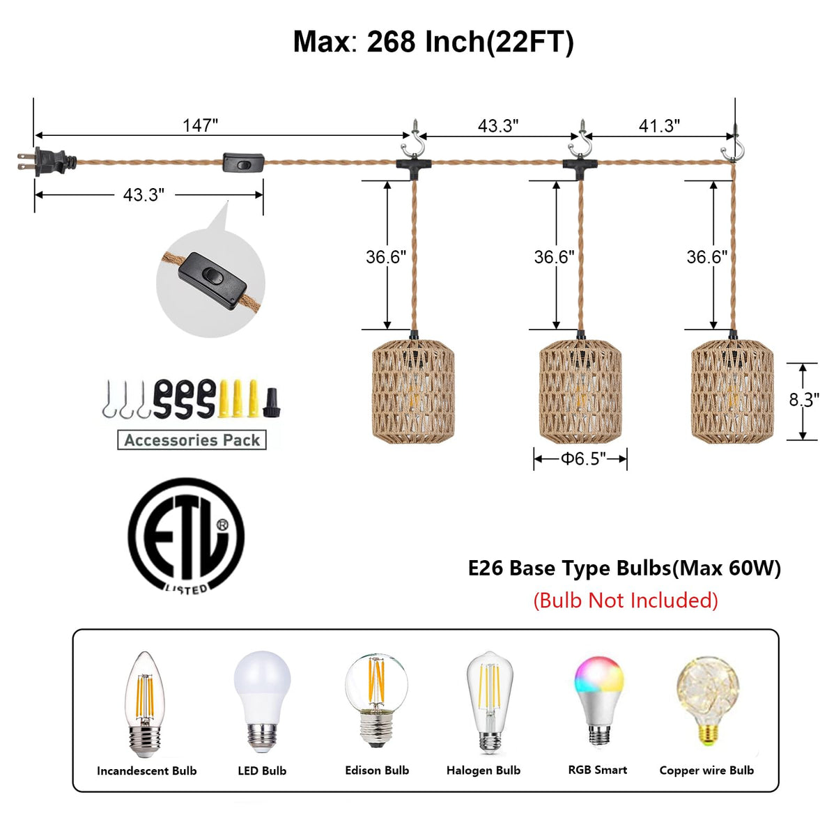 3 Lights Plug in Pendant Light with Cord On/Off Switch Rattan Hanging Lamp with 22ft Hand Woven Wicker Plug in