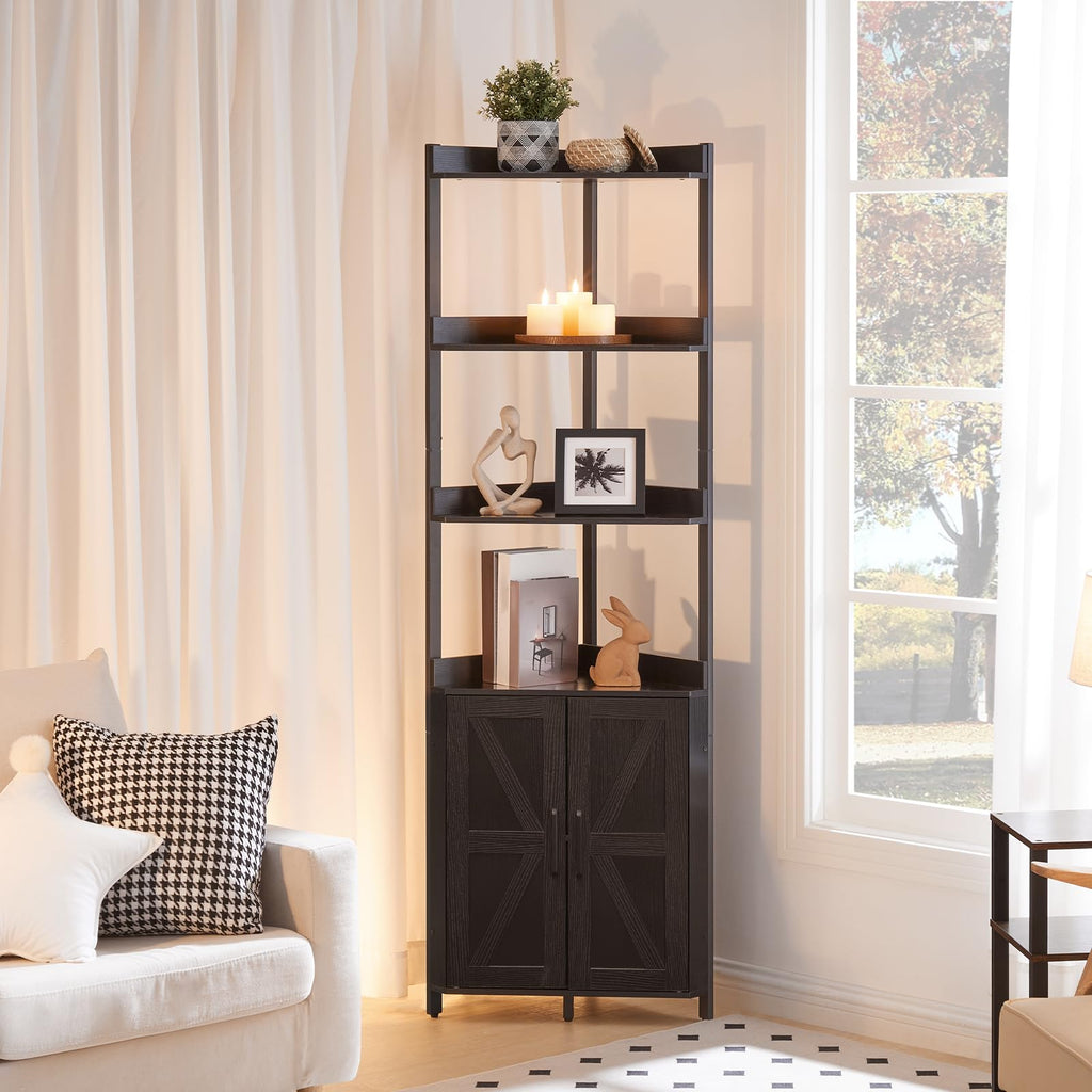 Corner Shelf with Storage, Tall Corner Storage Cabinet, 5-Tier Corner Bookshelf with Protective Fence, Black BB78CJ01