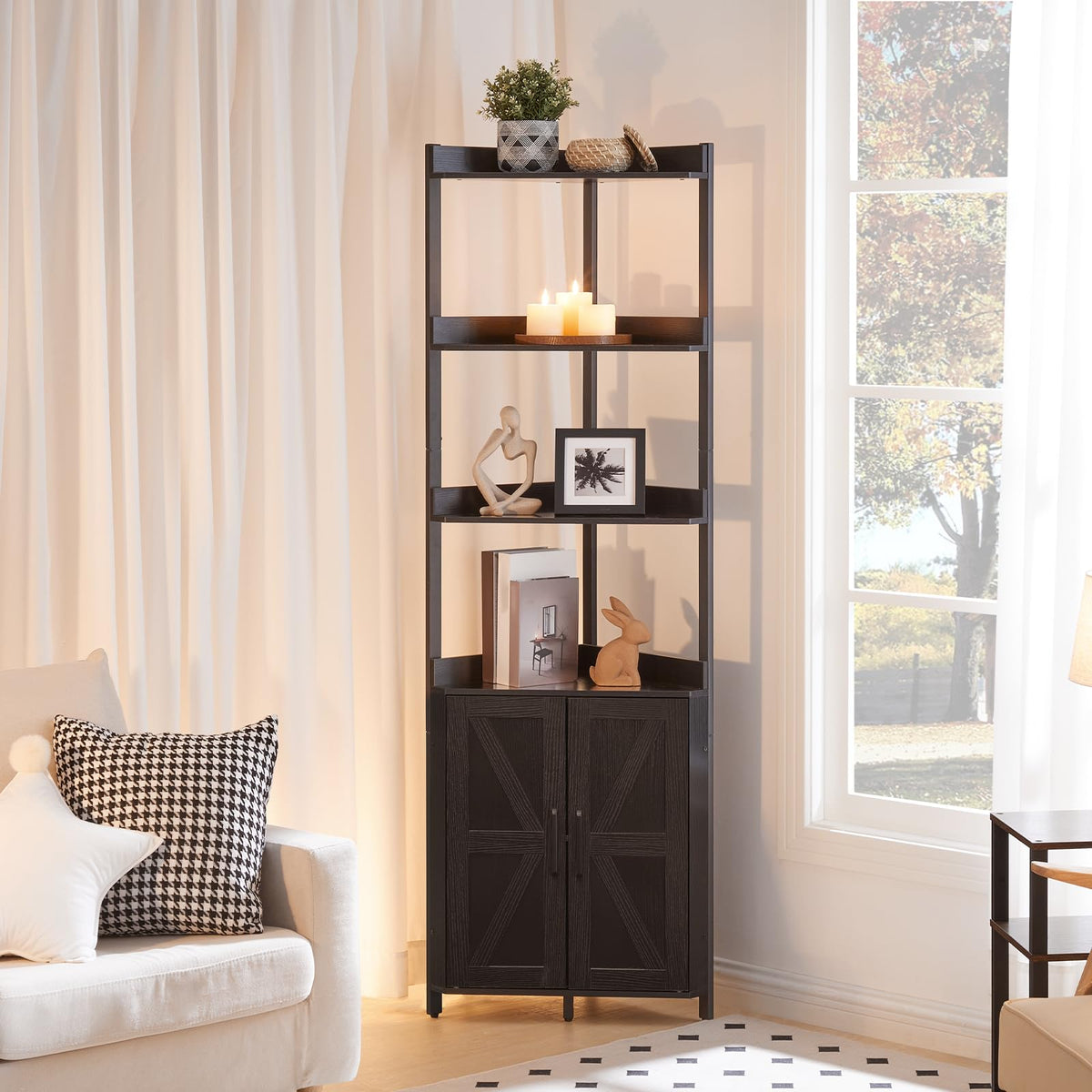 Corner Shelf with Storage, Tall Corner Storage Cabinet, 5-Tier Corner Bookshelf with Protective Fence, Black BB78CJ01