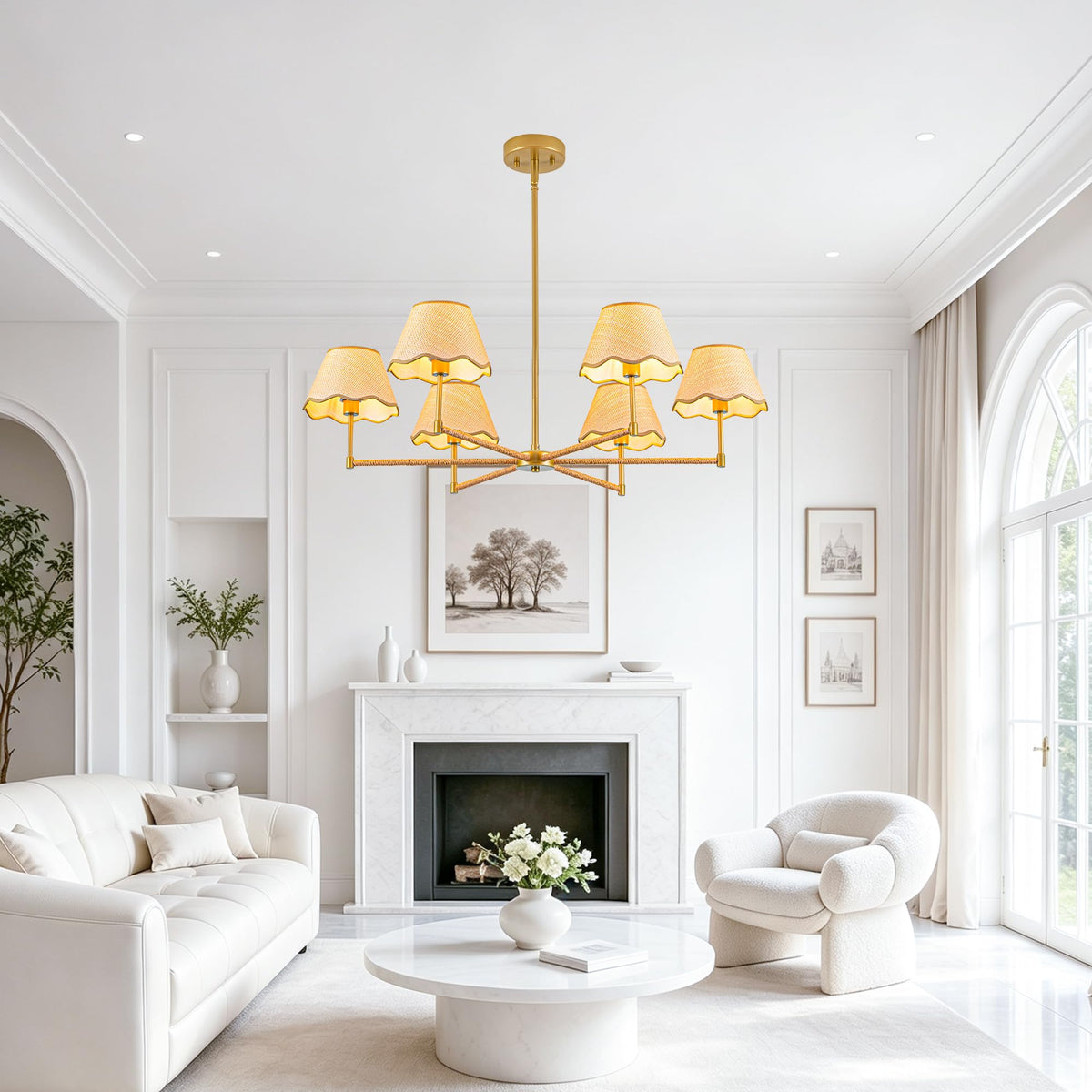 38" Rattan Pendant Light Fixtures, 6-Light Boho Rattan Chandelier