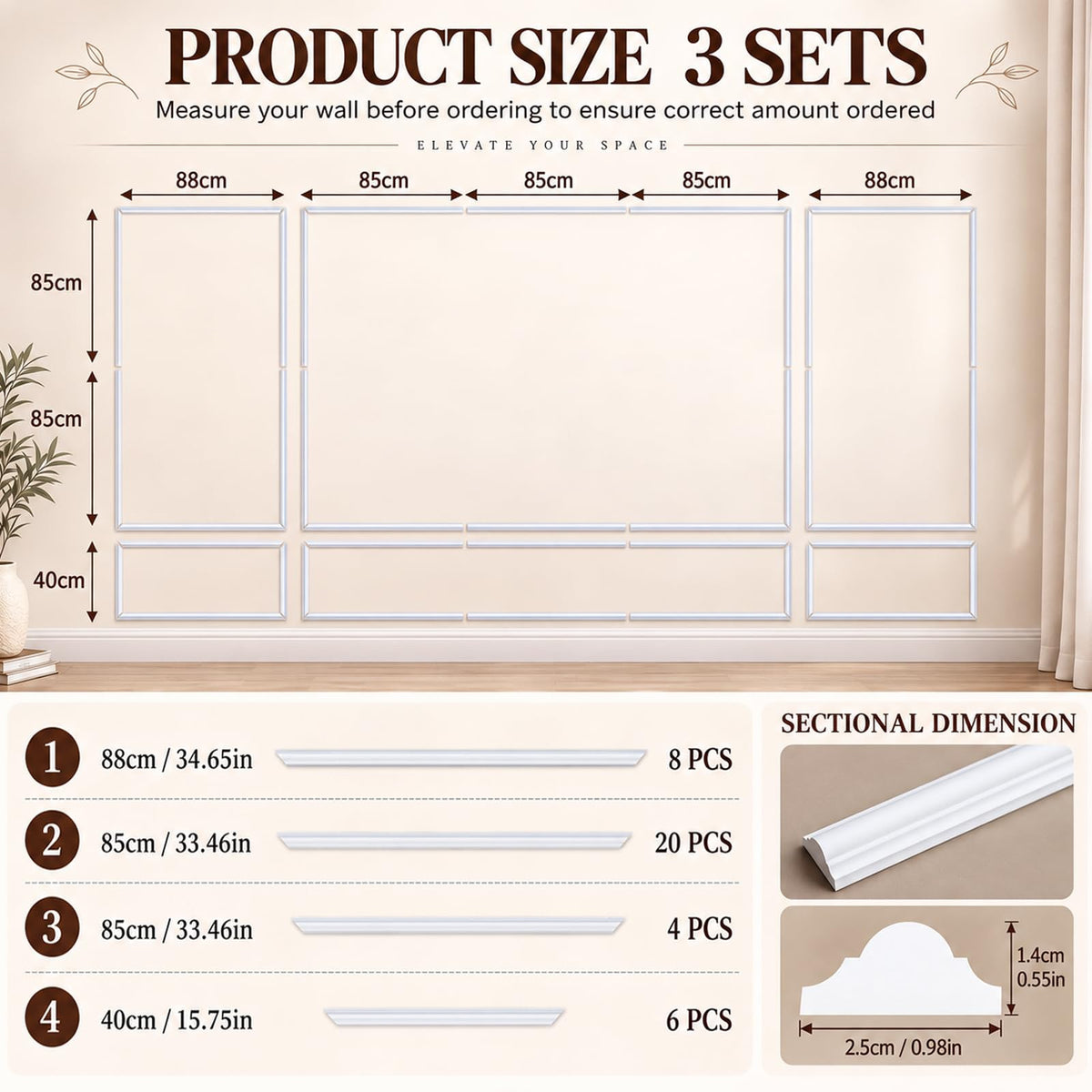 Peel and Stick Wall Molding Kit, 6-Frame 3D Premade