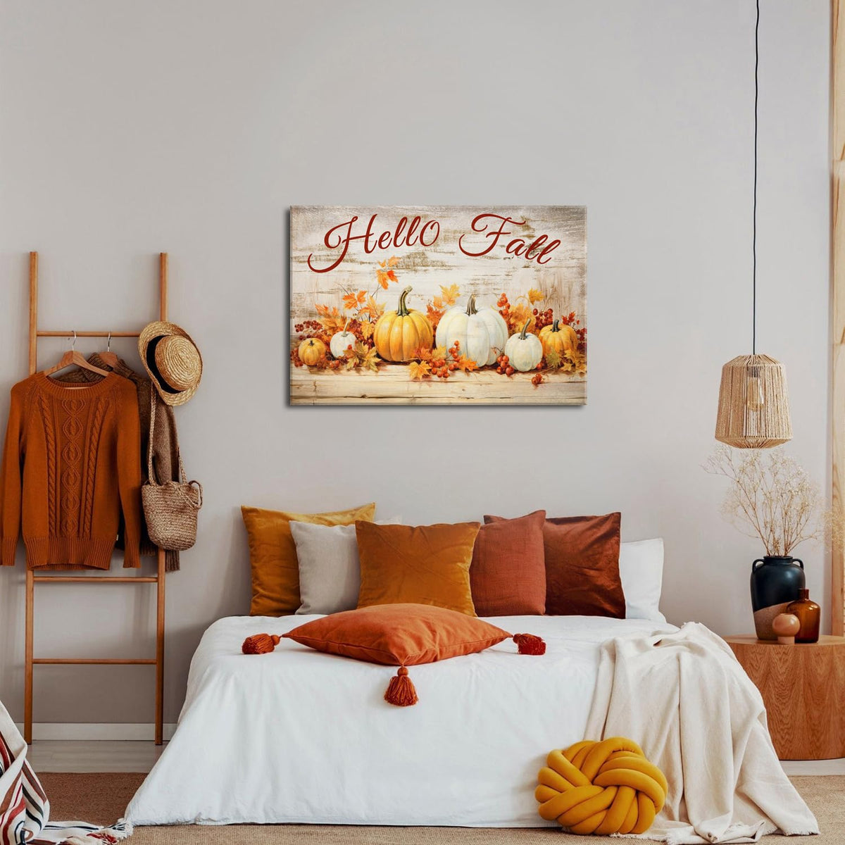 Hello Fall Wall Art Rustic Pumpkin Pictures Wall Decor Farmhouse Dinner Room Autumn Canvas Prints Watercolor Pumpkins