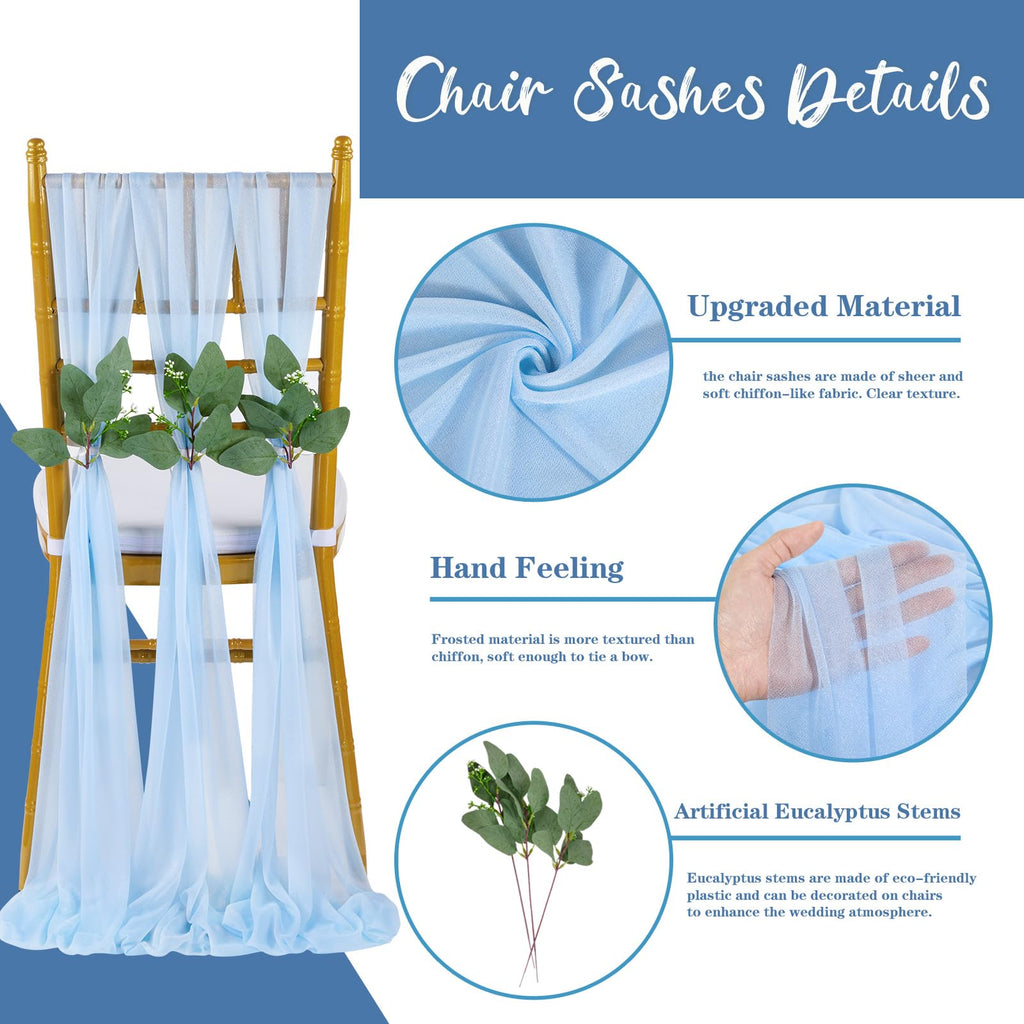 Light Blue Sashes Chair Aisle Decorations: 24 Pack Baby Shower Chair Cover 8FT Long Tulle Draping Fabric Wedding