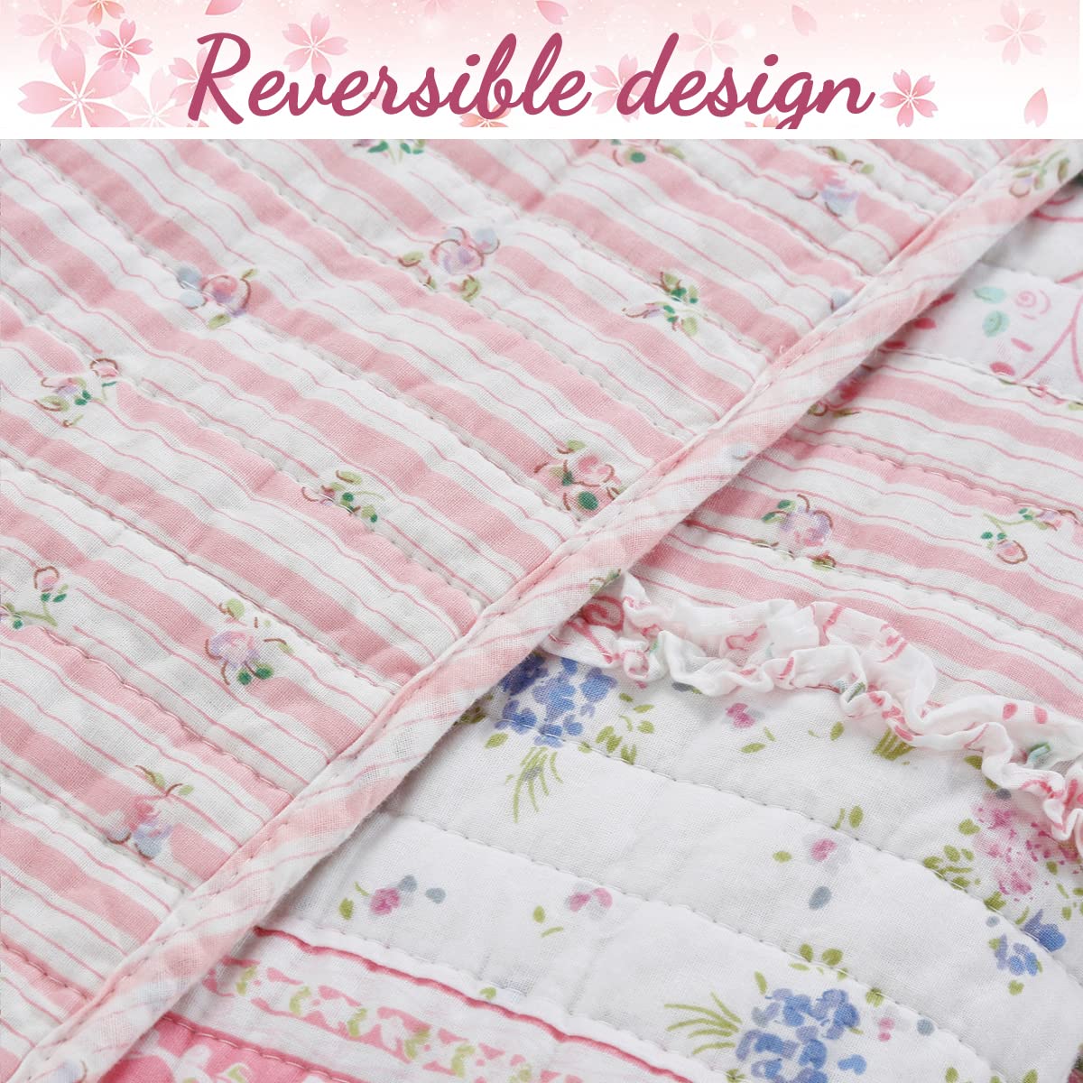 Shabby Chic Pink Flower Lace Ruffle Stripe 100% Cotton Reversible Quilt Bedding Set, Coverlet, Bedspread (Pink