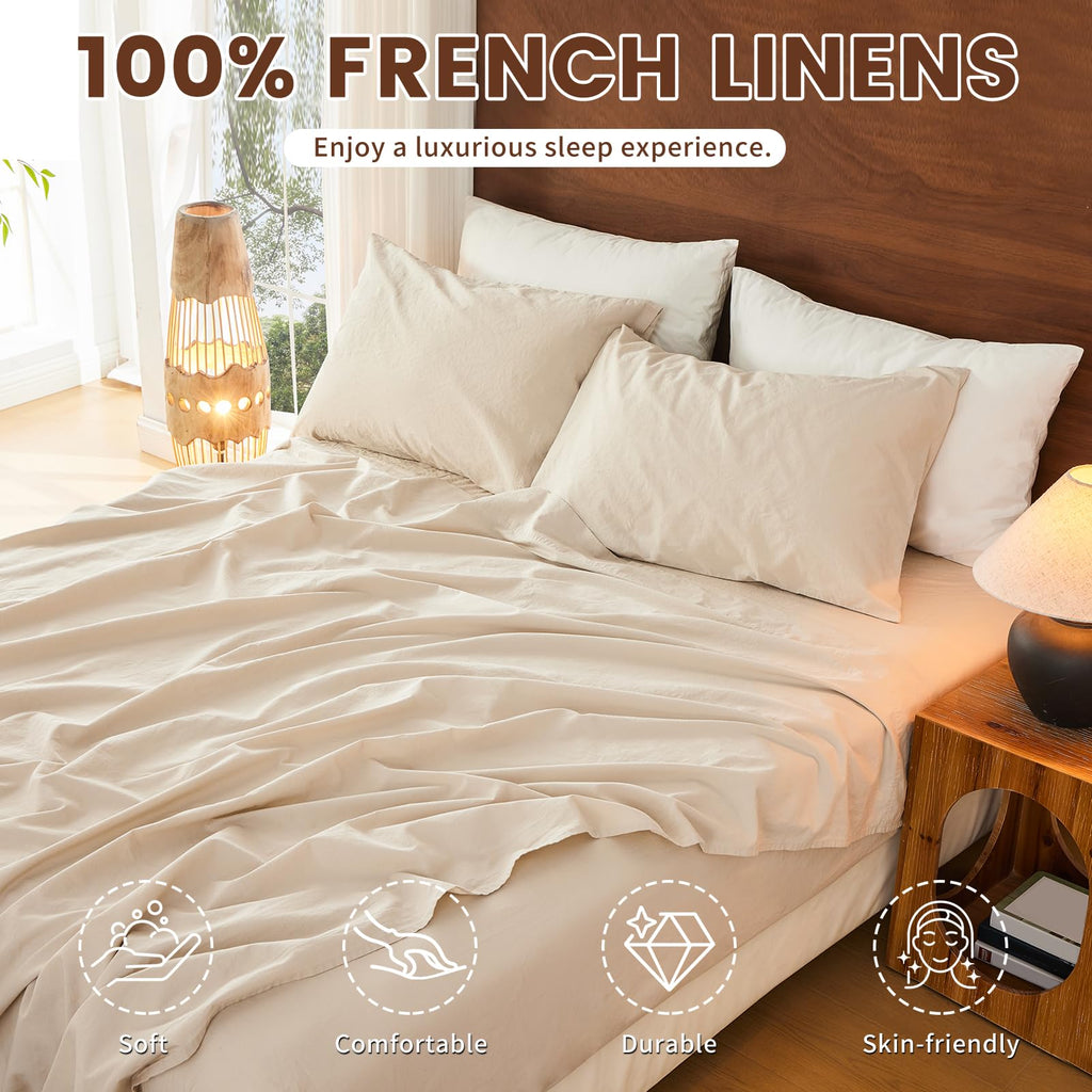 100% French Linen Bed Sheet Set - 16" Deep Pocket, 4-Piece