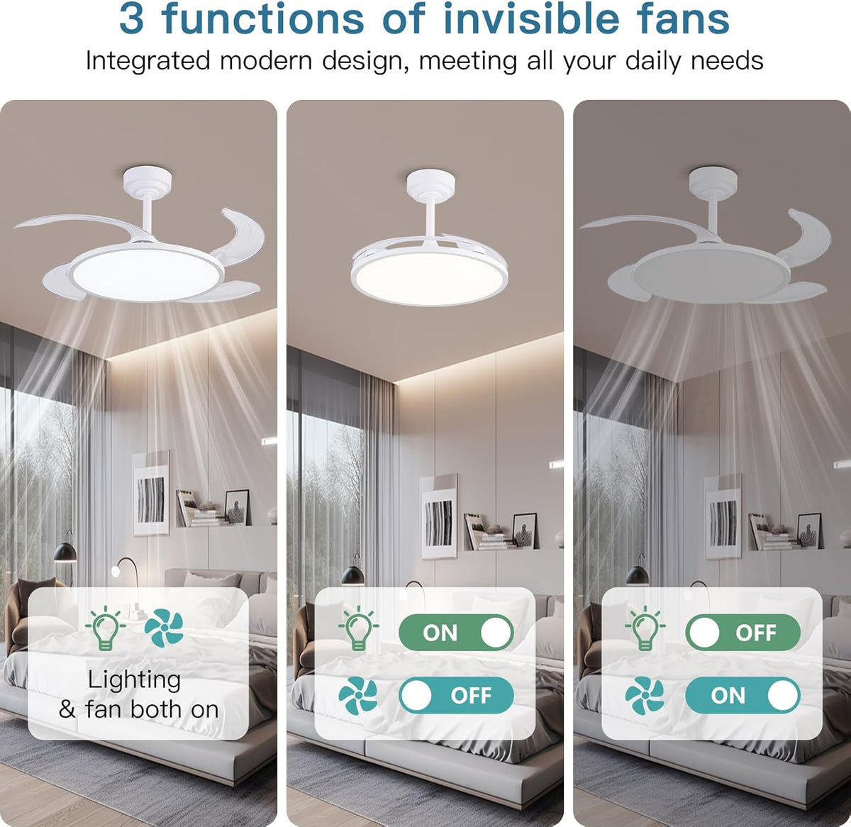 Retractable Ceiling Fan with Lights and Remote,42'' Fandelier Ceiling Fan with Dimmable Full Spectrum,Timer