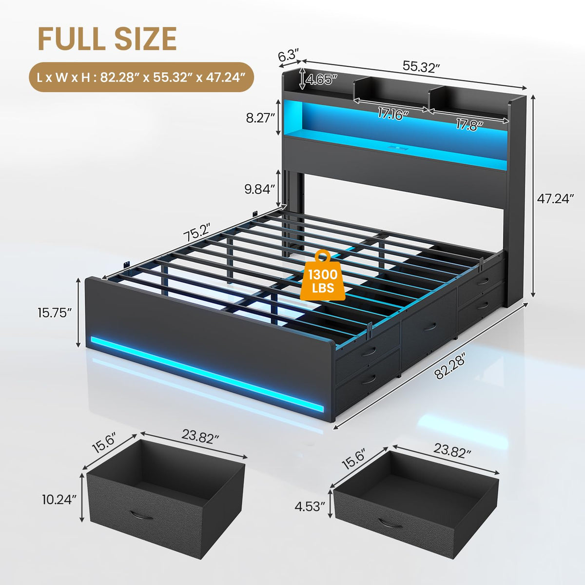 Full Bed Frame with Storage Headboard & 5 Drawers, LED Bed Frame Full Size with Charging Station, Wooden Platform