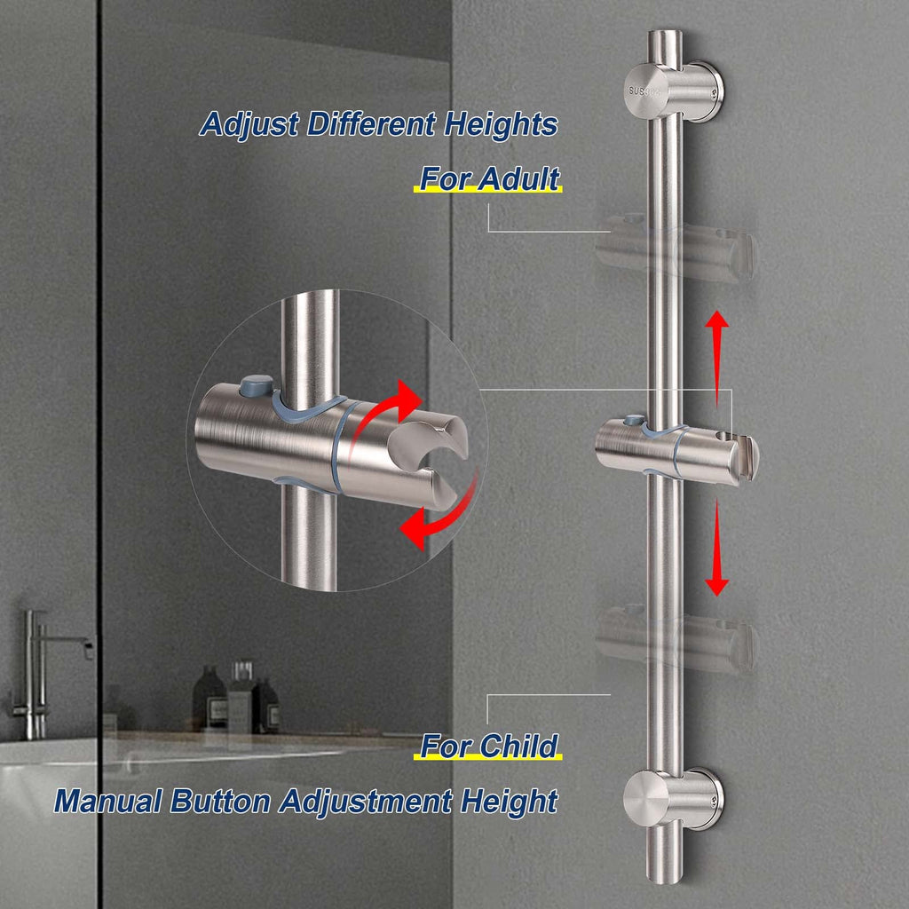 Slide Bar with Height/Angle Adjustable Handheld Shower Holder, Bathroom SUS 304 Stainless Steel Head Holder for Bath