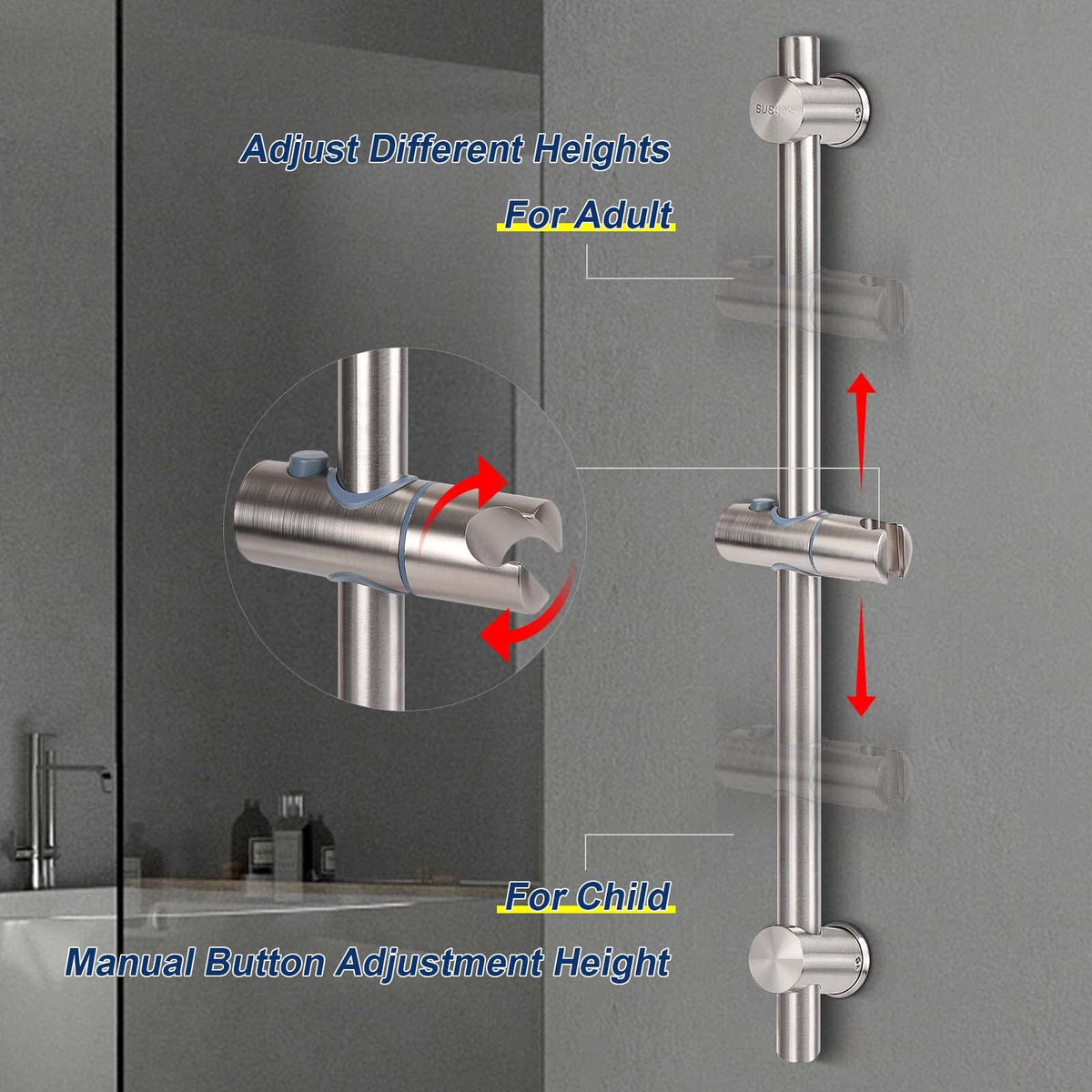 Slide Bar with Height/Angle Adjustable Handheld Shower Holder, Bathroom SUS 304 Stainless Steel Head Holder for Bath