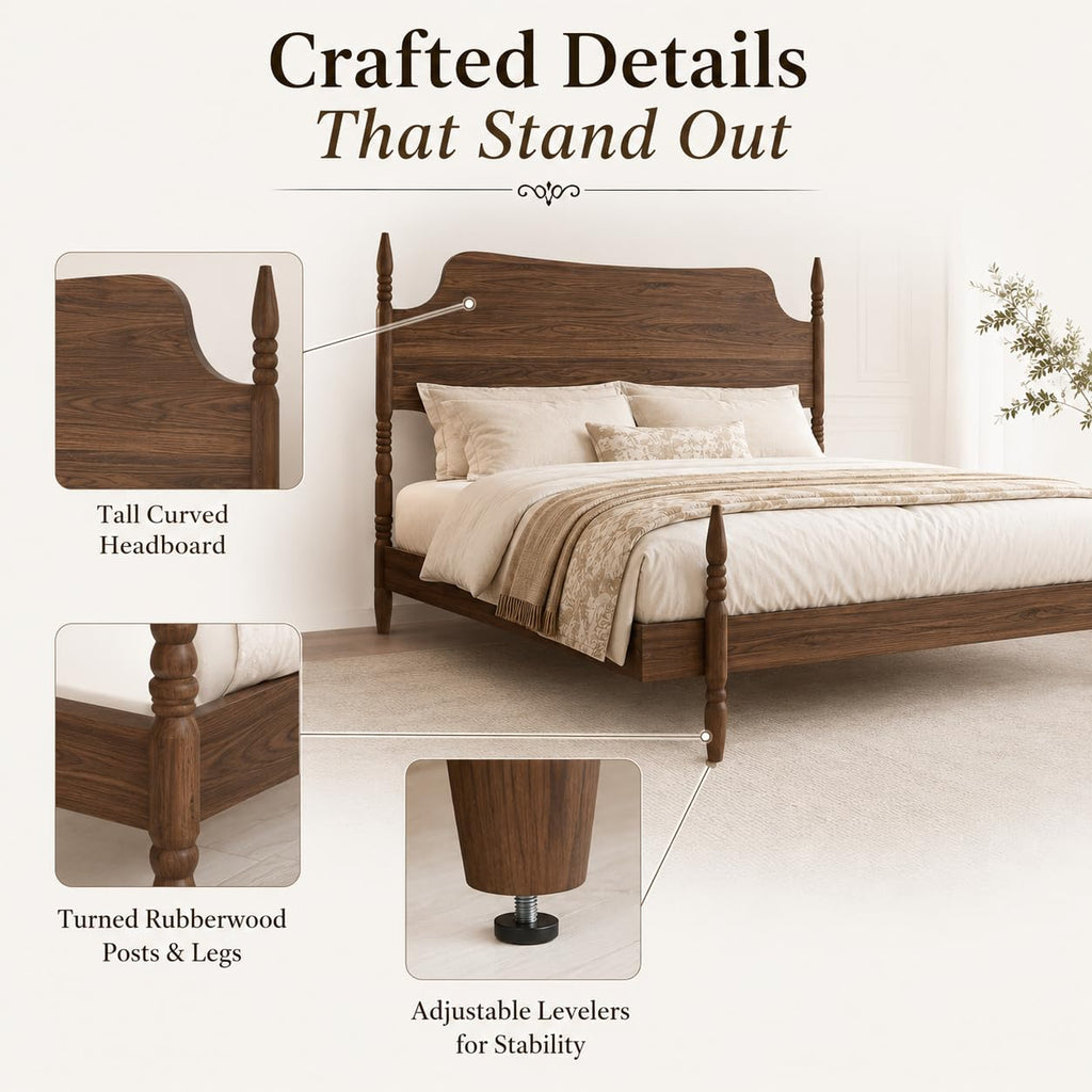 Vintage Wood Platform Bed Frame w/Tall Arched Headboard