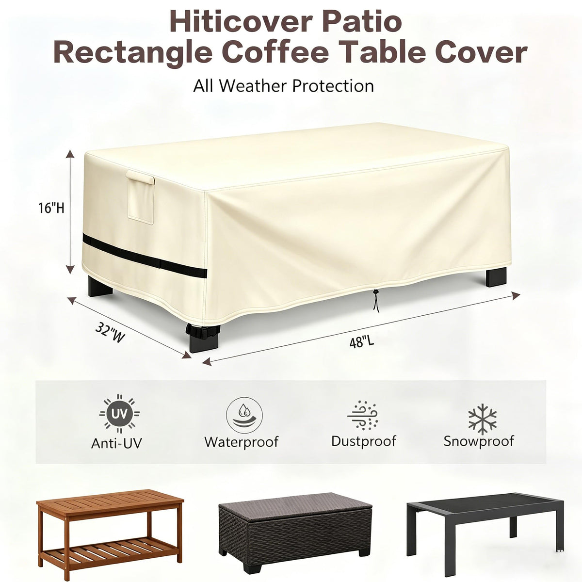 Outdoor Coffee Table Cover Rectangle, 48"L x 32"W x 16"H