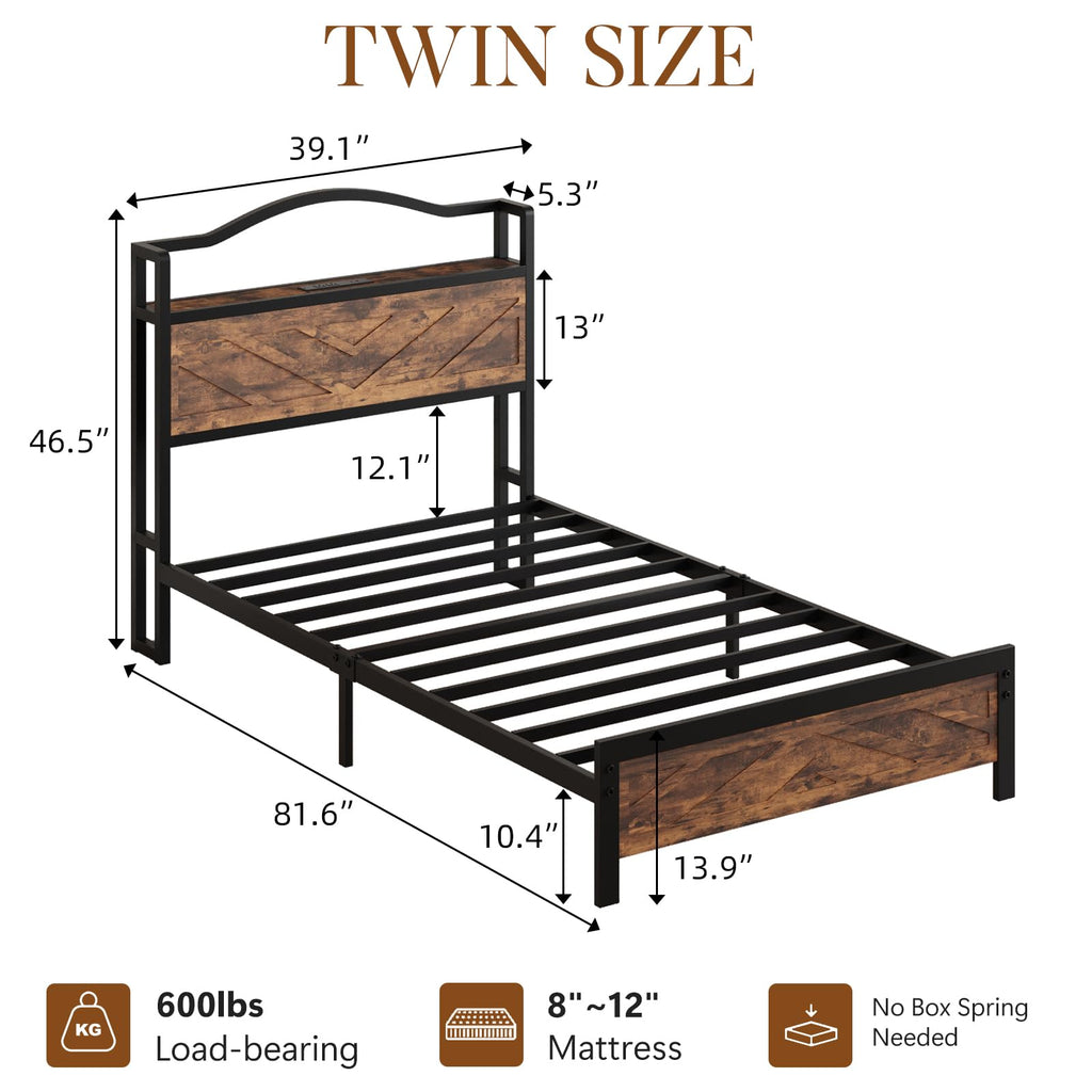 Bed Frame, Farmhouse Storage Headboard, LED Lights, Brown