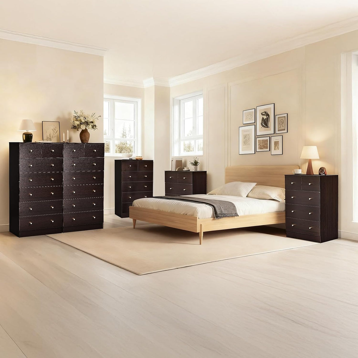 Dresser , Modern Wood Dresser Chest of Drawers, Bedroom Dressers Nightstand, Anti-Tipping Device, Rose Gold Metal