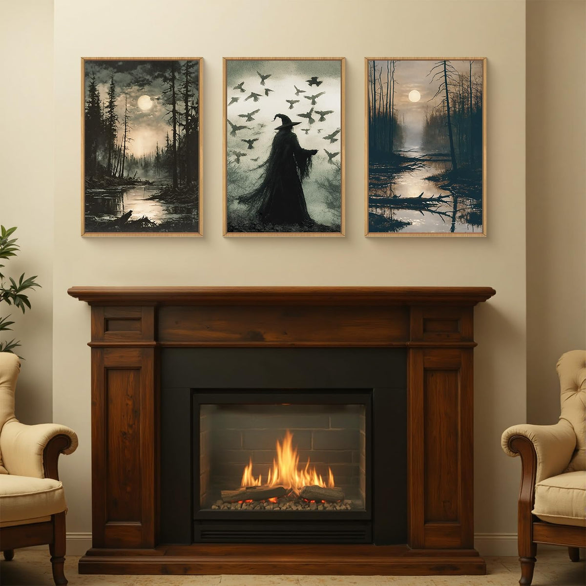 Large Halloween Decor Indoor, Witch Gothic Vintage Framed Wall Art 3pcs (24x36), Black Raven Dark Academia Pictures