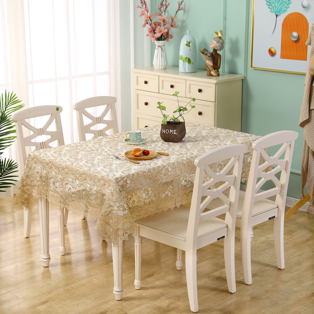 Lace Tablecloth Embroidery with Tassel - Shabby Chic Vinyl Rectangle Table Cloth for 6 Foot Tables Floral Tablecloth