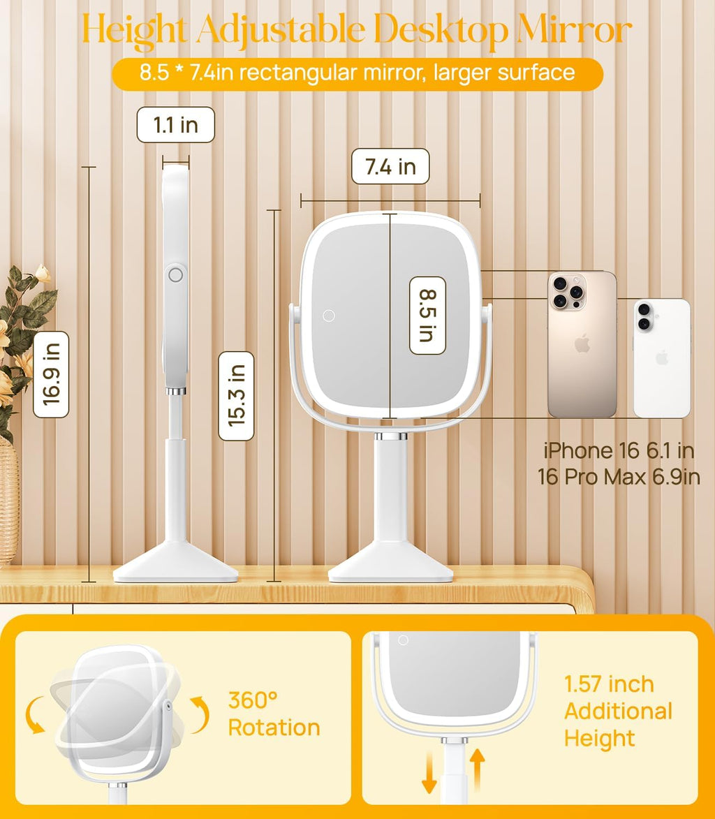 Rectangle Lighted Makeup Mirror with Magnification, 10X Magnifying Mirror with Lights 3 Color, Height Adjustable and
