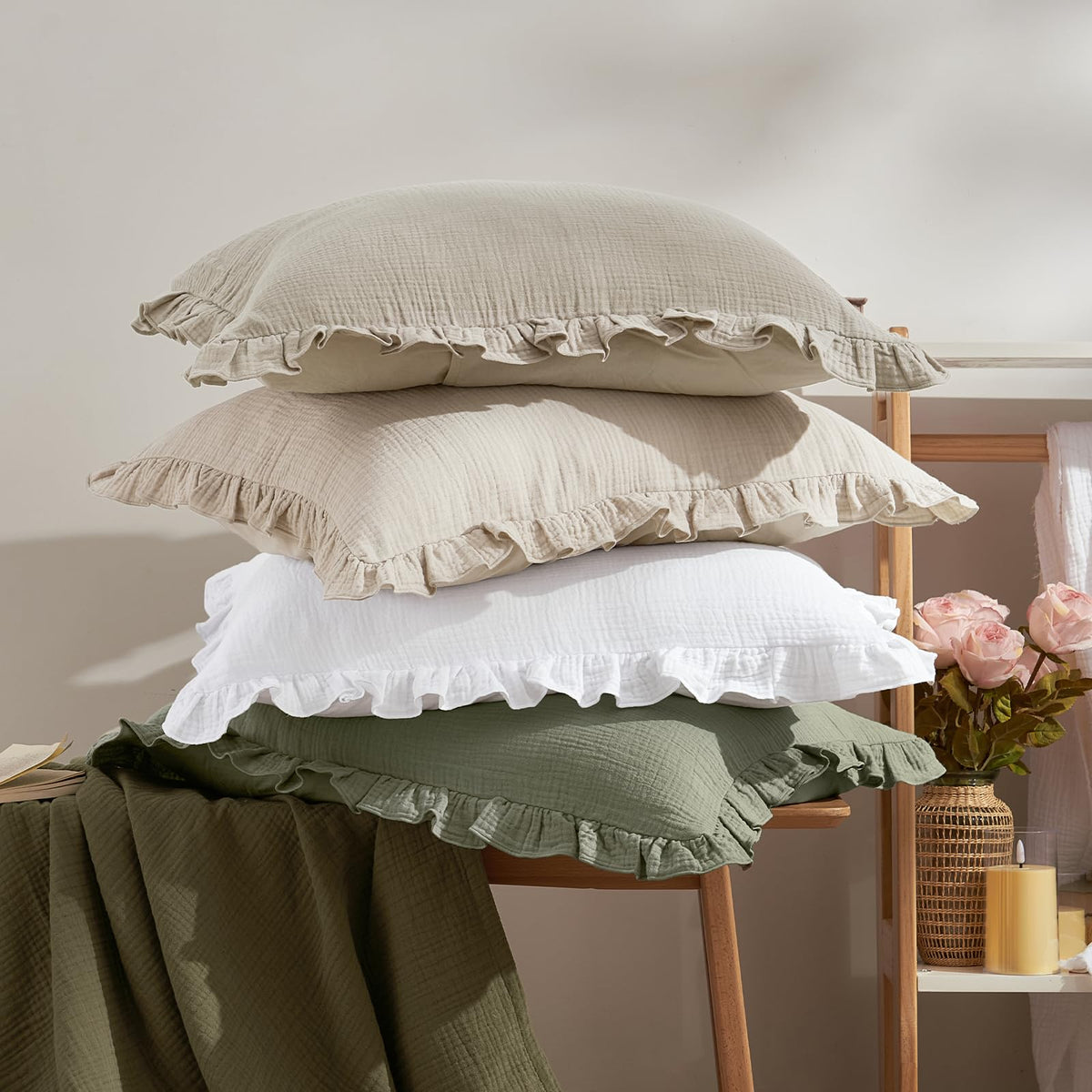 Cotton Muslin Ruffle Euro Sham Covers 26"x26", Dusty Sage, No Insert
