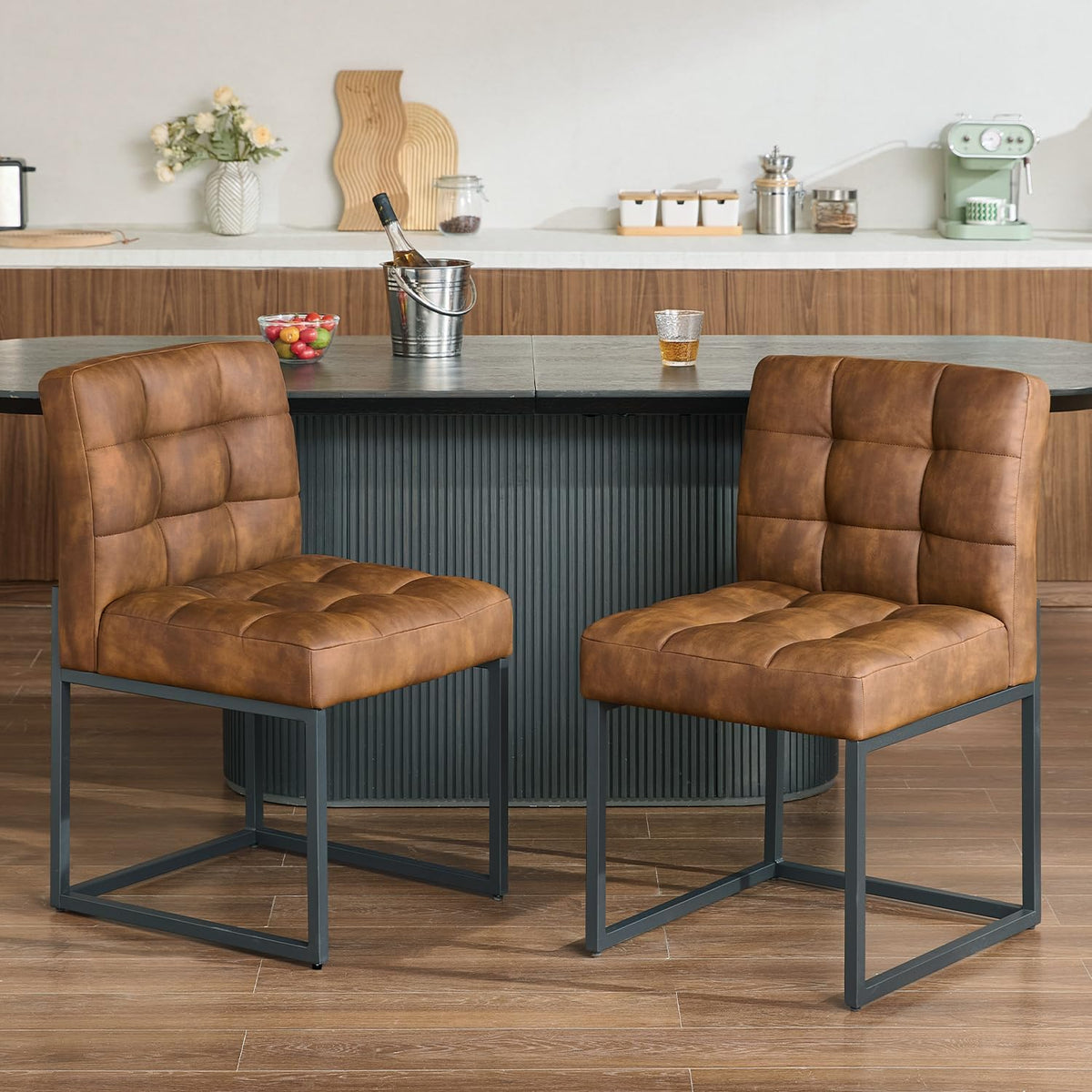 Faux Leather Dining Chairs Set of 4, Mid-Century Modern Armless Dining Room Chairs with Checkered Upholstery and Metal Legs, Coffee