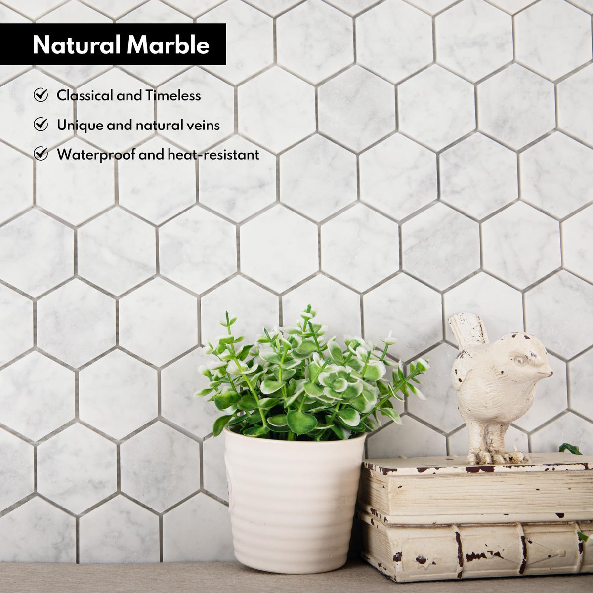 Carrara White Marble Stone 2 Inch Hexagon Italian Bianco Carrera Marble Mosaic Tile Wall Bathroom Shower Floor (5