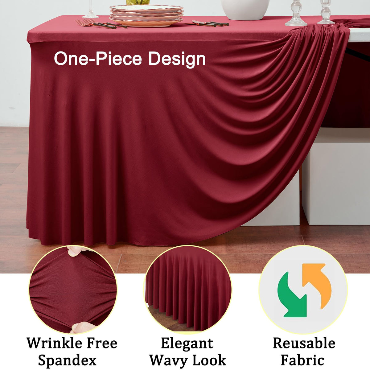 6 Pack Burgundy Spandex Tablecloth for 6 Foot Rectangle Tables, Wrinkle Free Fitted Table Cloth Cover 6ft Maroon