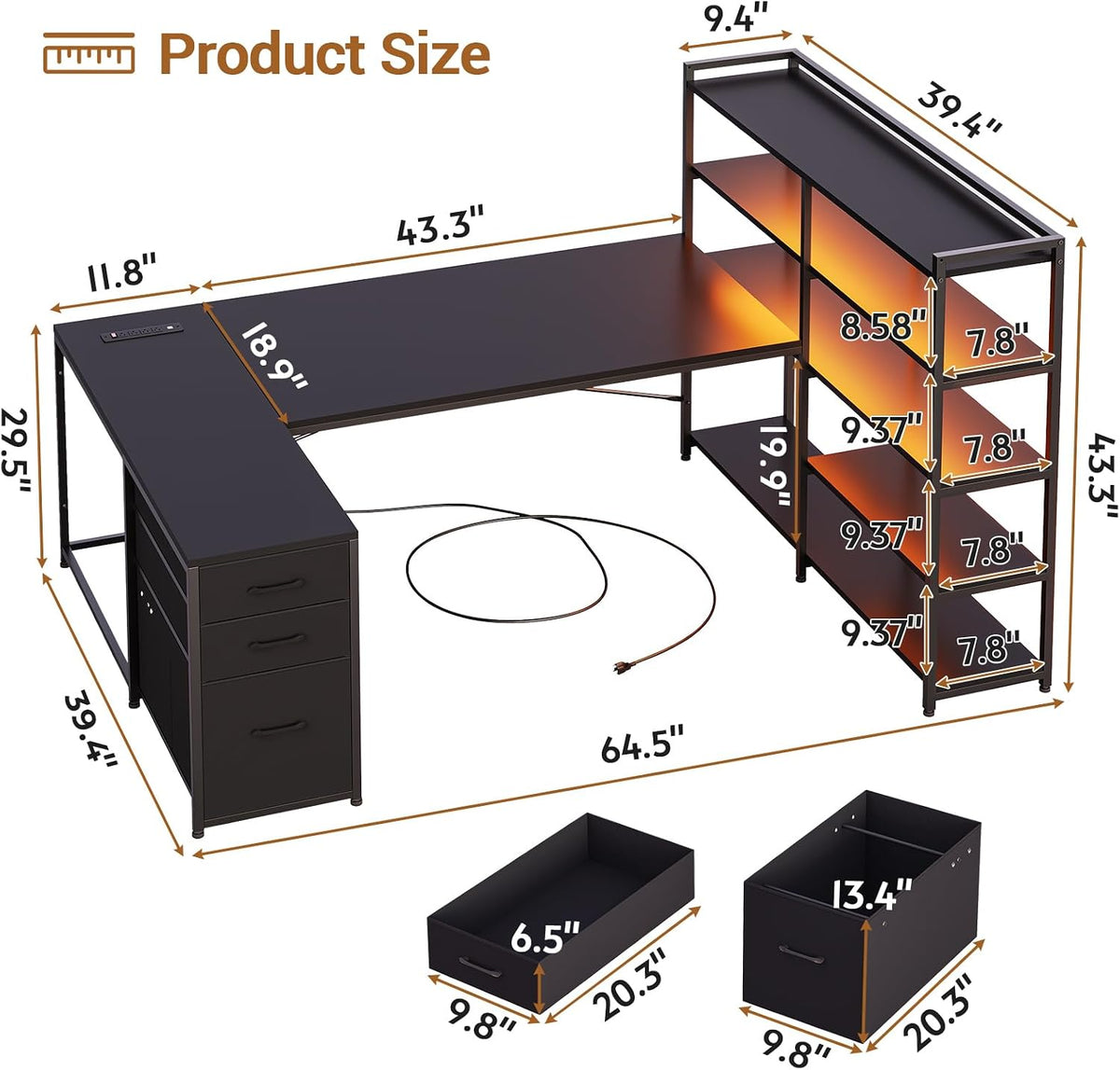 64.5" Reversible L Shaped Gaming Desk with Storage Drawers, Shelves