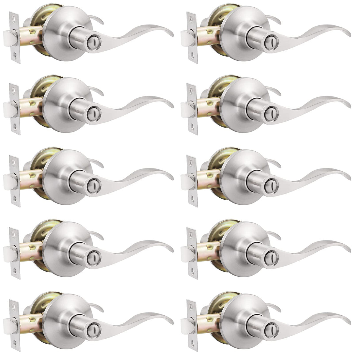 10 Pack Privacy Door Levers Bedroom Door Handle with Lock Satin Nickel Interior Door Handles Keyless Door Lock Wave