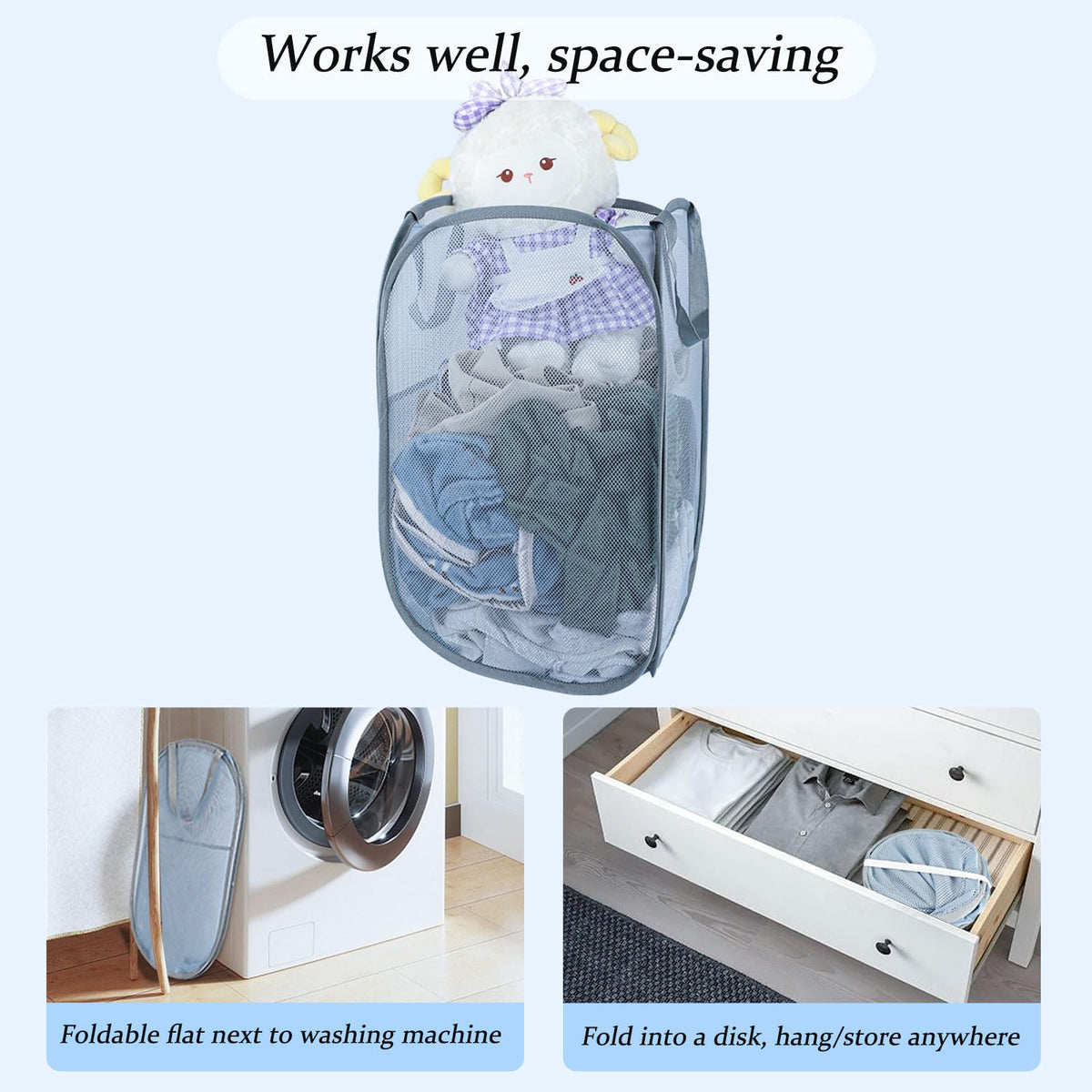 Pop Up Laundry Hamper 100L, Large Collapsible Mesh Basket with Pocket