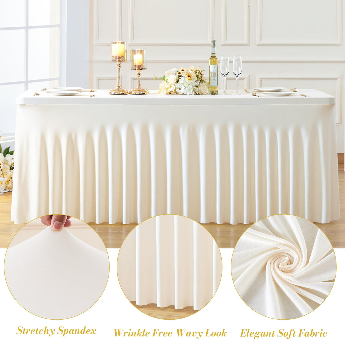 2 Pack Spandex Ivory Fitted Table Cloth for 6ft Rectangle Tables Ivory Stretch Tablecloth Banquet Table Covers Skirt