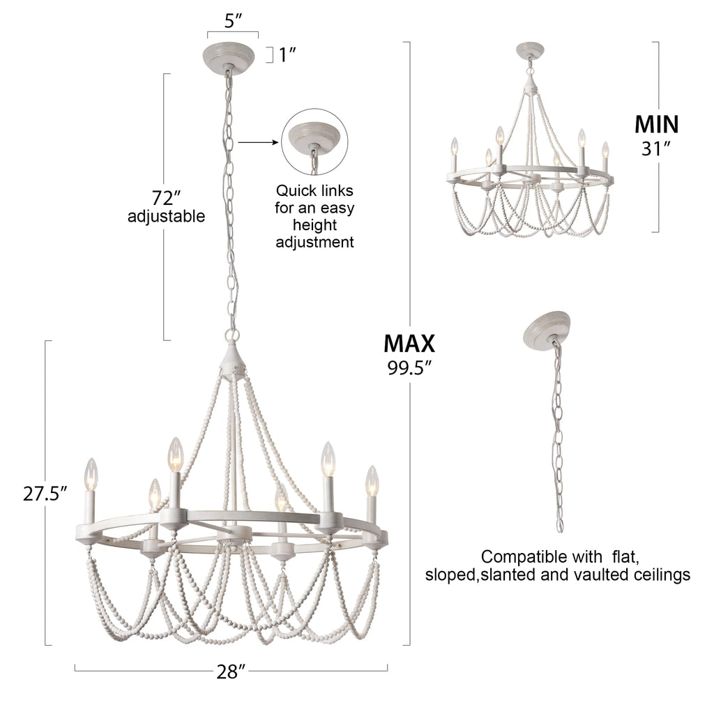 28 Inch White Beaded Chandelier Light Fixture Boho Farmhouse Style