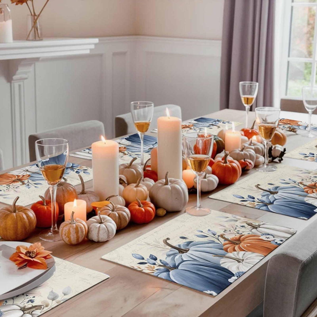 Fall Placemats Set of 4 Blue Pumpkin Place Mats Floral Leaves Autumn Placemat Washable Harvest Thanksgiving Table