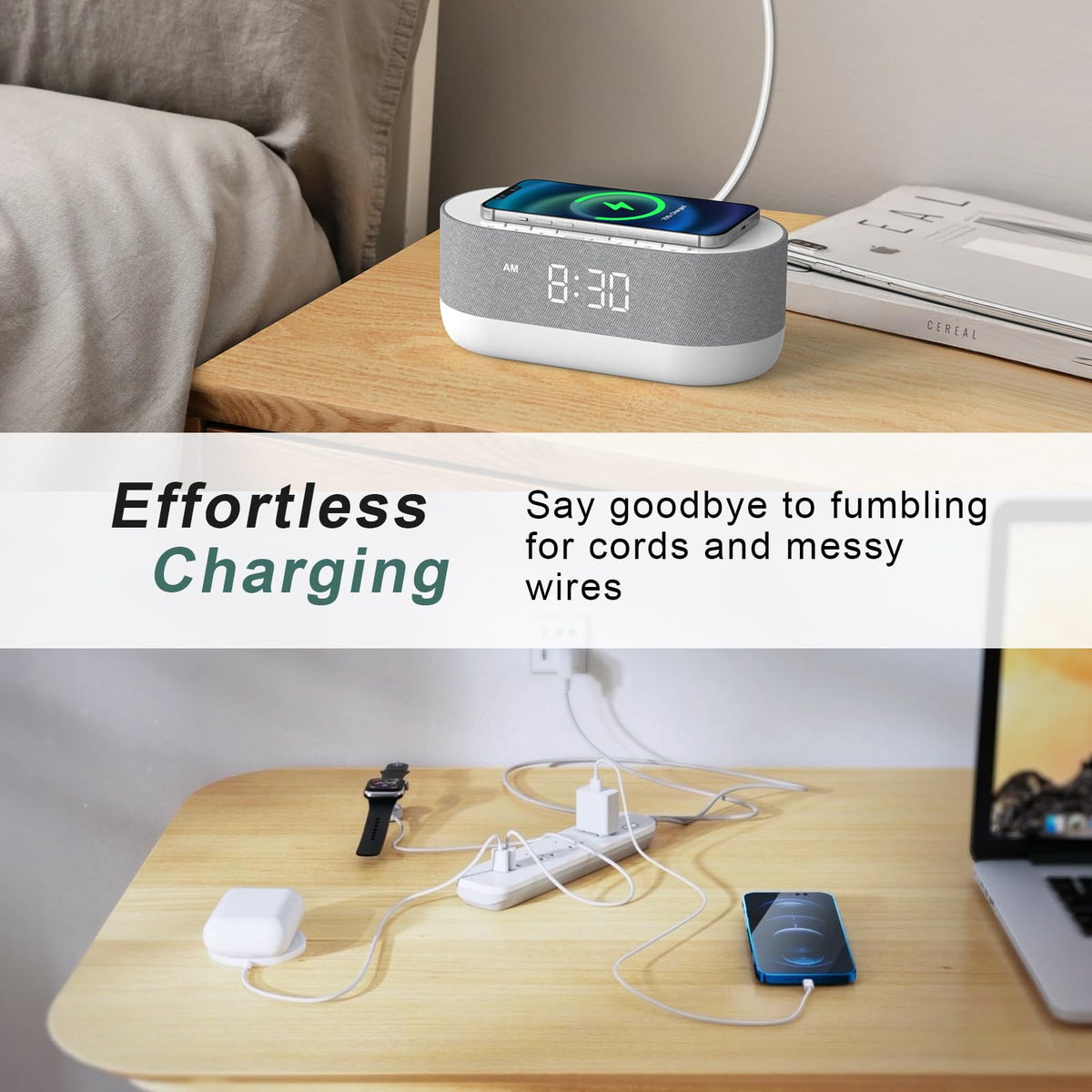3 in 1 Sound Machine Alarm Clock& Wireless Charger: Soothing White Noise, Bluetooth Music Relaxation & Customized