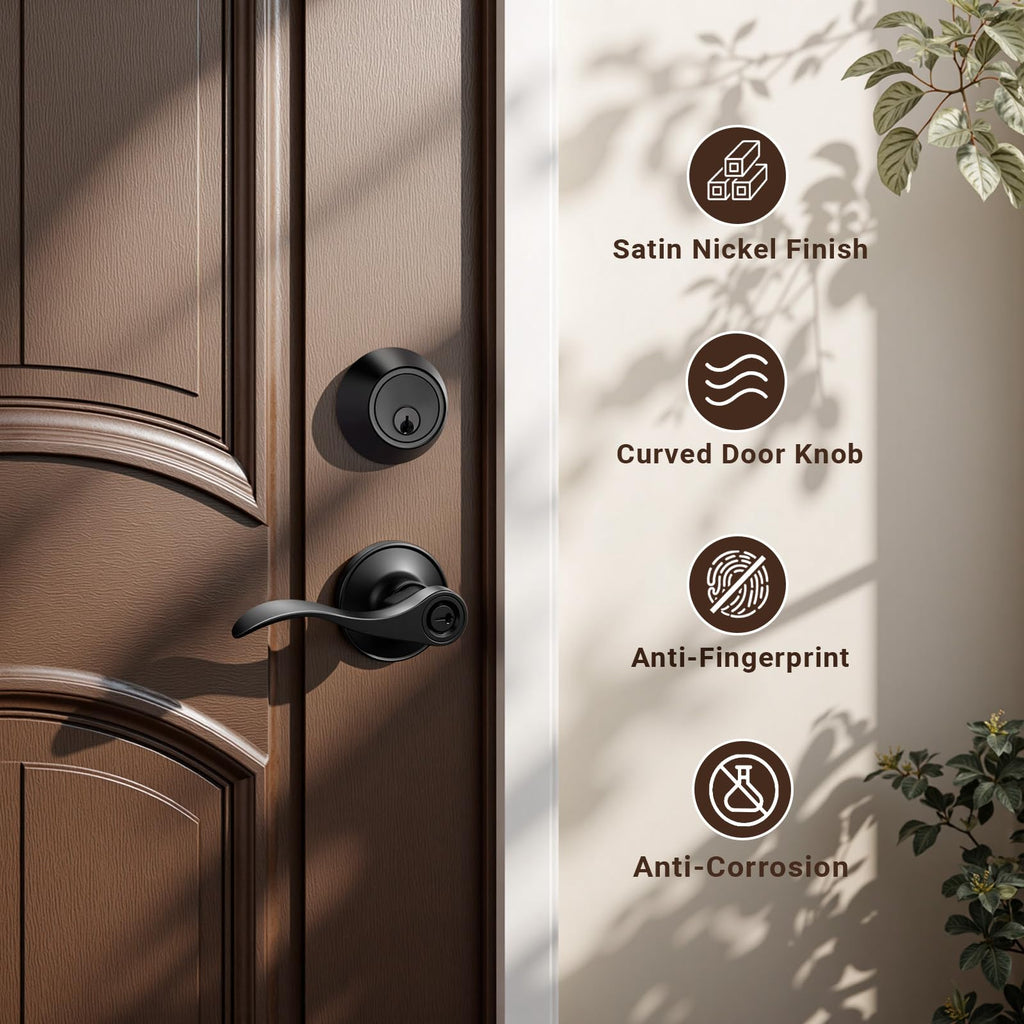 1 Set Entry Door Lever and Deadbolt Lock Set, Deadbolts Keyed Both Sides, All Keyed Same, Wave Style Front and