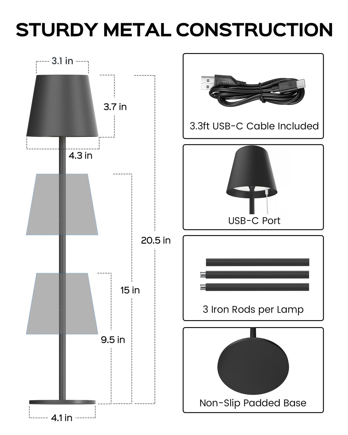 Cordless Table Lamps Rechargeable, 3 Adjustable Height, 5000 Capacity Operated, 3 Colors Smooth Dimming, Portable LED