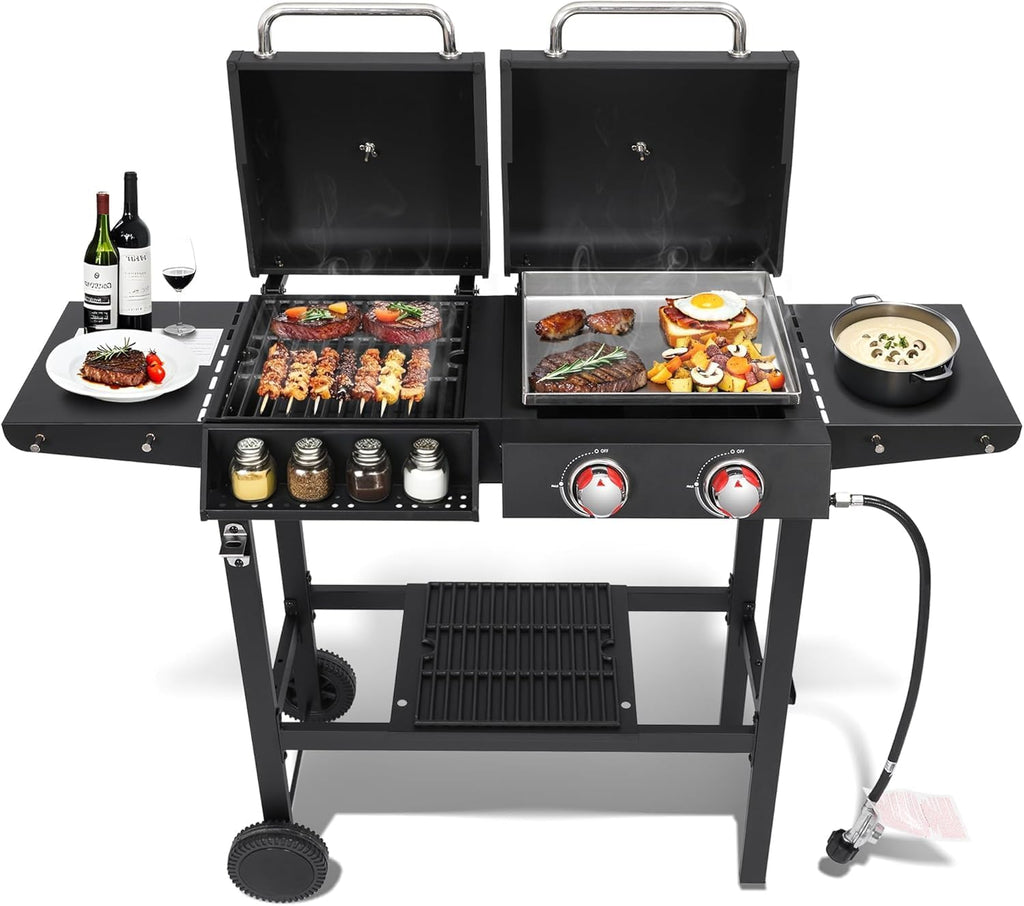 2-Burner Propane and Charcoal Grill Combo with Cast Iron Grates and Stainless Steel Flat Top Griddle for Outdoor BBQ