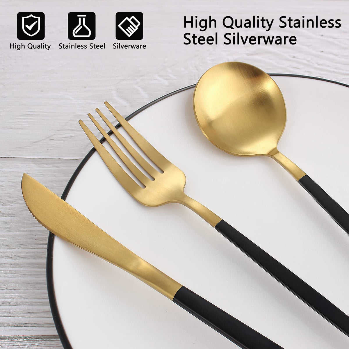 Matte Black Gold Silverware Set, 40-Piece Stainless Steel Flatware Set, Satin Finish tableware Cutlery Set, Service