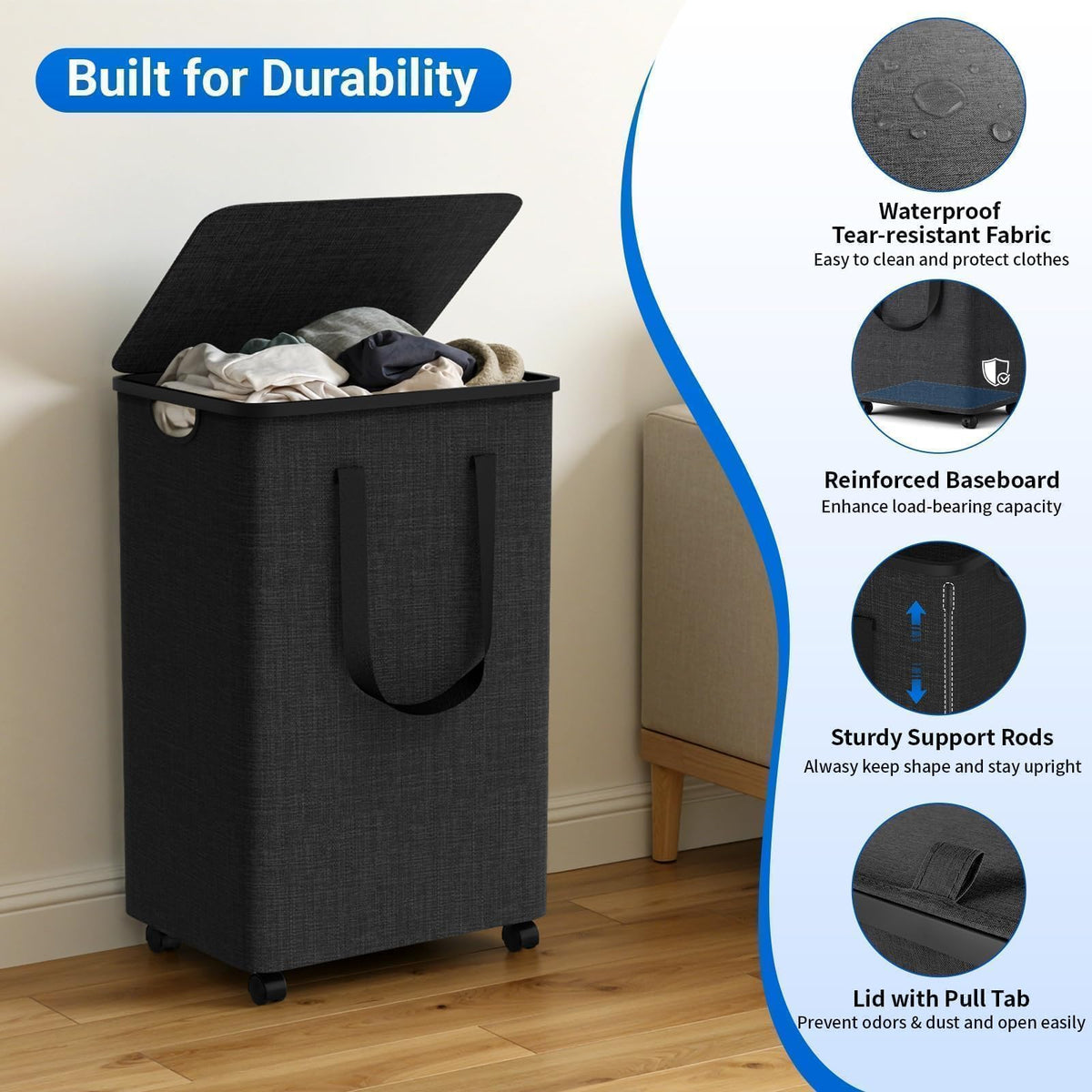 Basket with 5 Wheels, Rolling Laundry Hamper, 90L, Deep Gray
