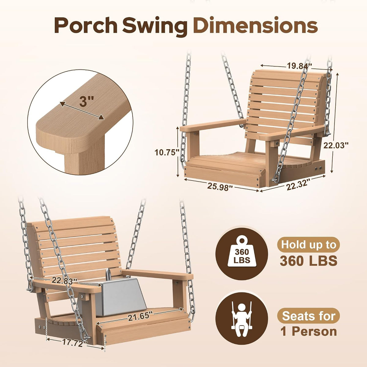 HDPE Single Hanging Porch Swing, 360 LBS Outdoor Swing Chair, Teak | Wood-Look Finish, All-Weather & Fade Resistant