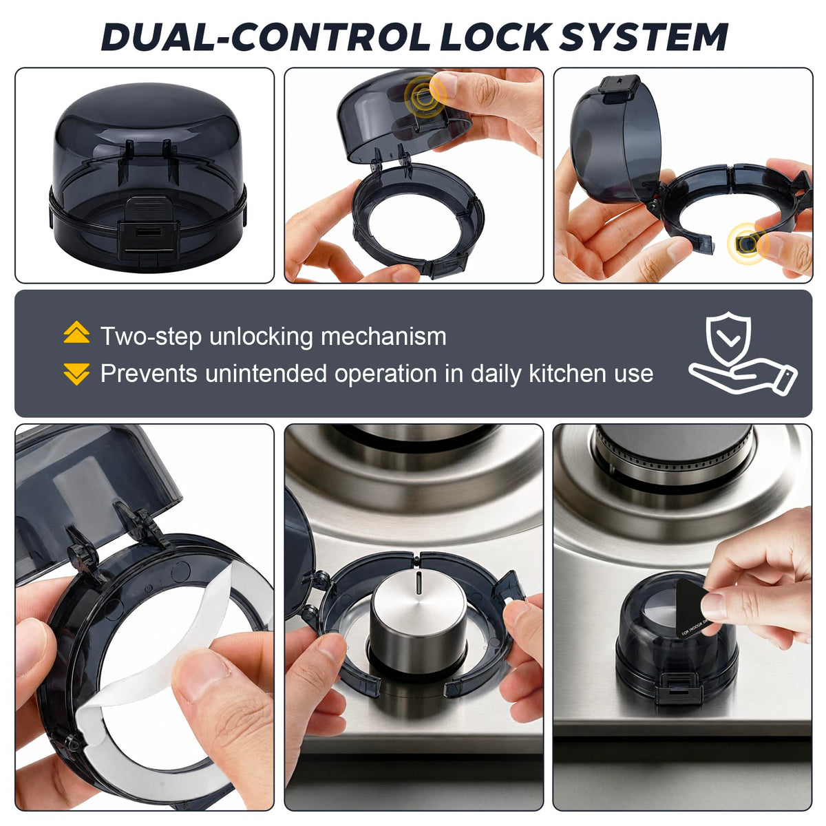 Stove Knob Safety Covers 5 Pack - Gas Stove Control Covers with Dual-Button Design, Heat-Resistant PC Protective Caps