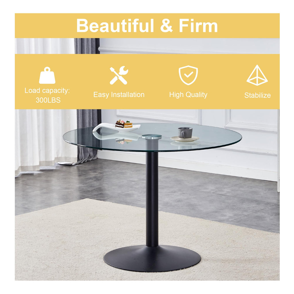 Inspired Saarinen Style 40 Inch Round Tempered Glass Dining Table for 2-4 Person, Modern Tulip Kitchen Table with Black Metal Base, Pedestal