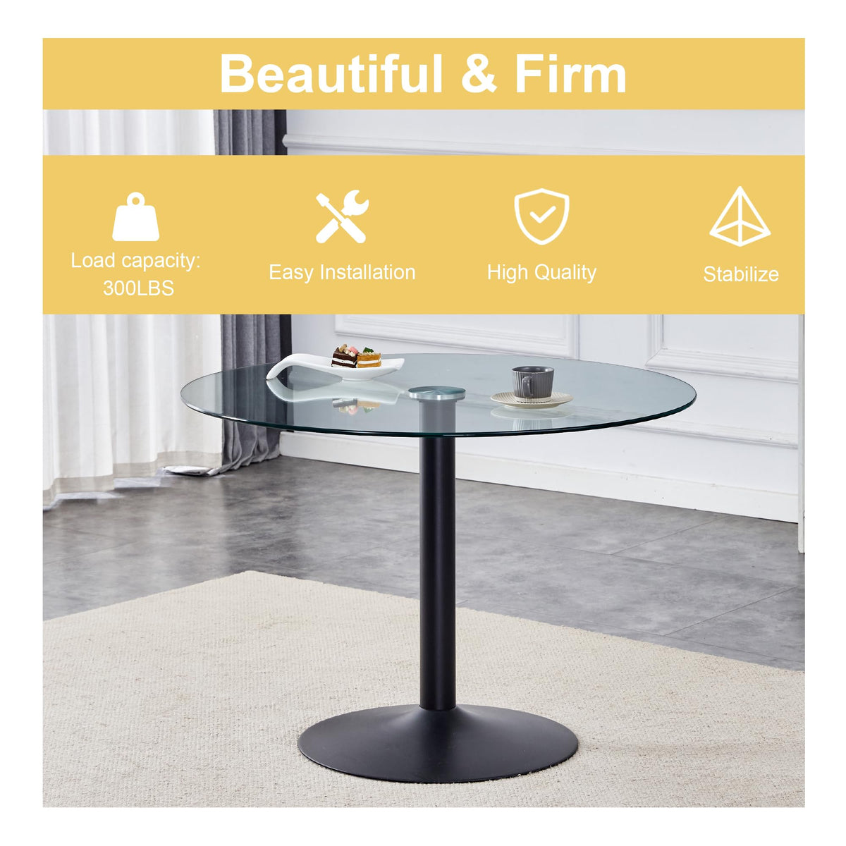 Inspired Saarinen Style 40 Inch Round Tempered Glass Dining Table for 2-4 Person, Modern Tulip Kitchen Table with Black Metal Base, Pedestal