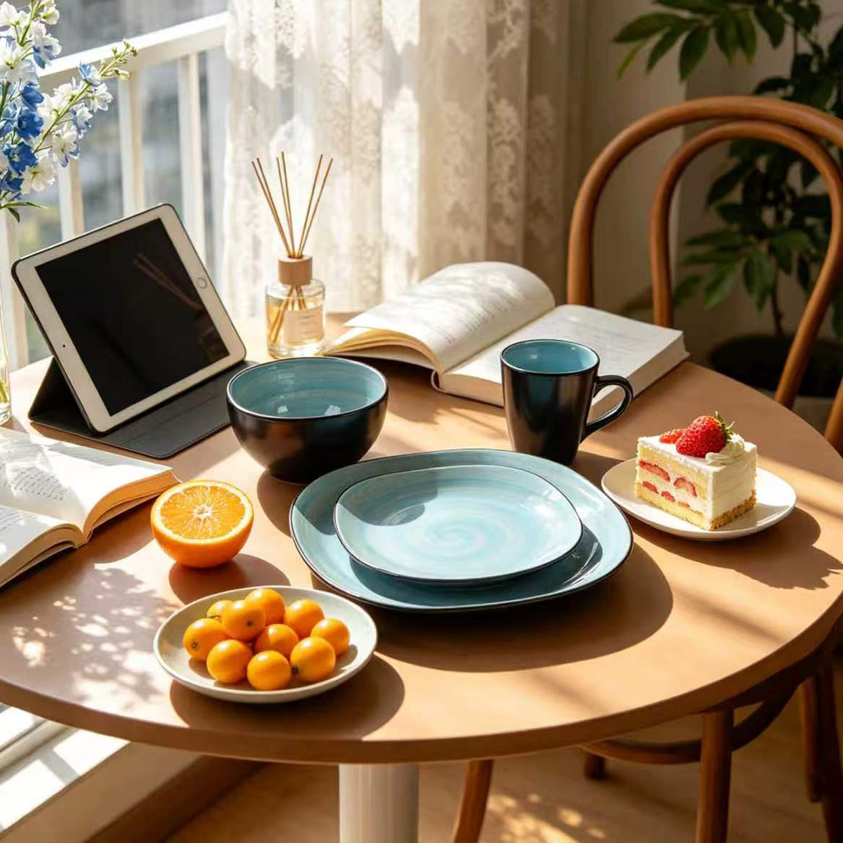 Stoneware Square 16pc Dinnerware Set, Inside Spinwaseh Swirl Turquoise + Outside Black