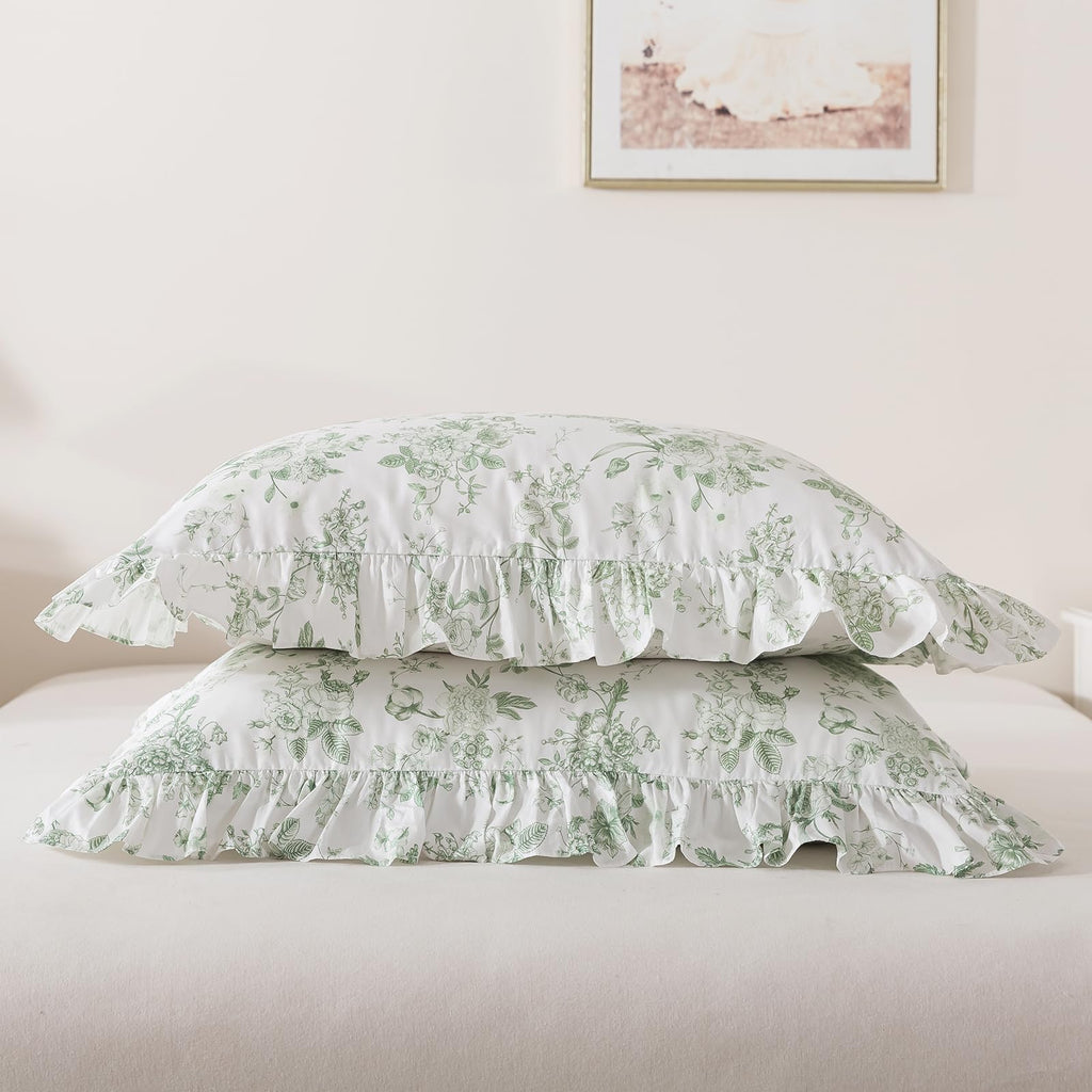 Ruffle Sheet Set - Grandmillennial Floral Bed Sheets, Vintage Botanical Toile Floral Print in Sage Green, Peony