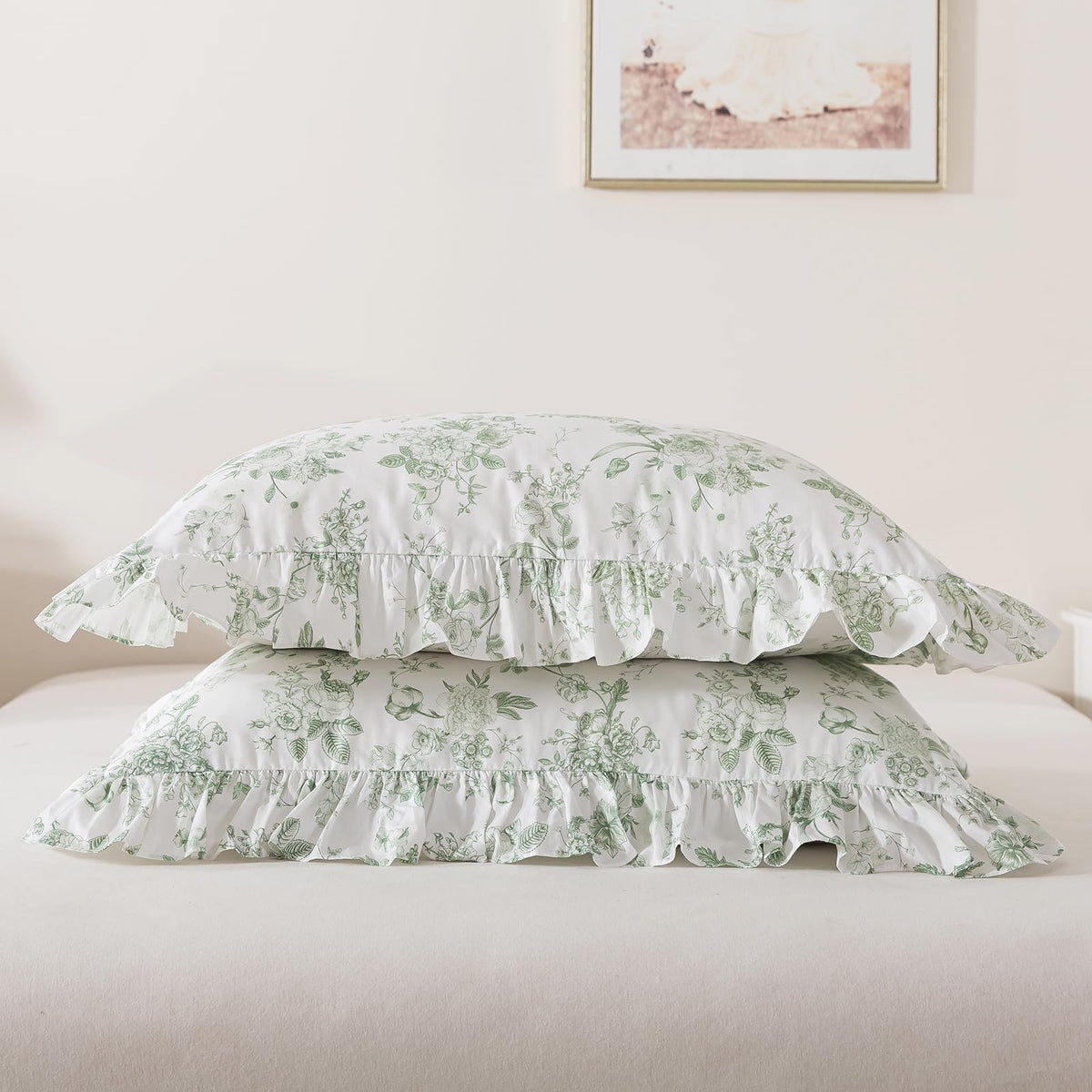 Ruffle Sheet Set - Grandmillennial Floral Bed Sheets, Vintage Botanical Toile Floral Print in Sage Green, Peony