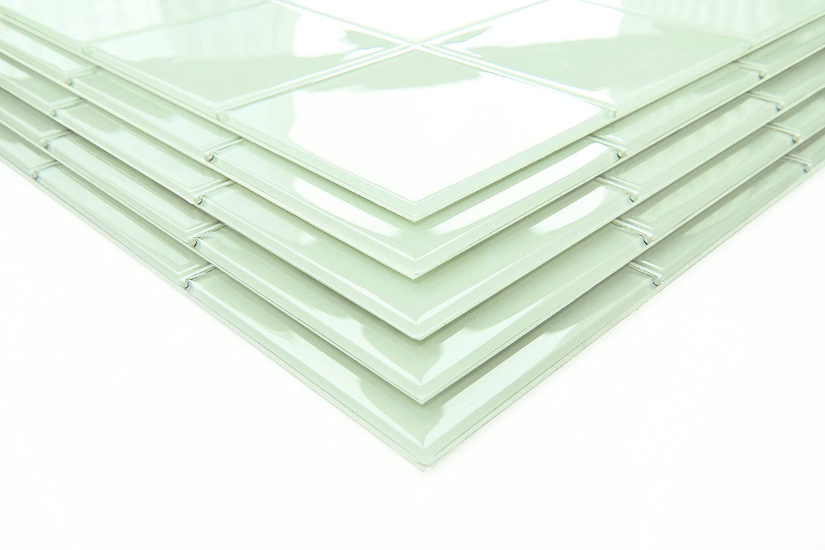 Green Peel and Stick Glass Tile, Square Mosaic Wall Tiles with Frame, Stick on Glass Backsplash (5 Sheets, 12"x12")