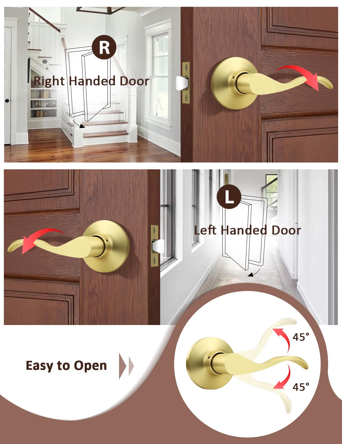 1 Pack Gold Modern Interior Passage Door Handles, Keyless Door Knob & Closet, Wave Style Non-Locking Door Lever