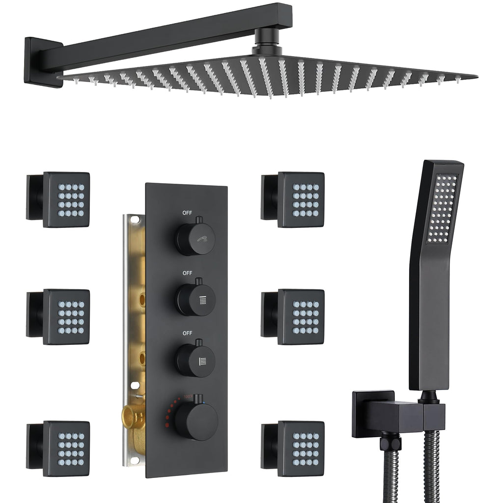 16" Thermostatic Rain Shower System with 6 Body Jets & 16-Inch Rainfall Shower Head, Full Body Shower Faucet Sets