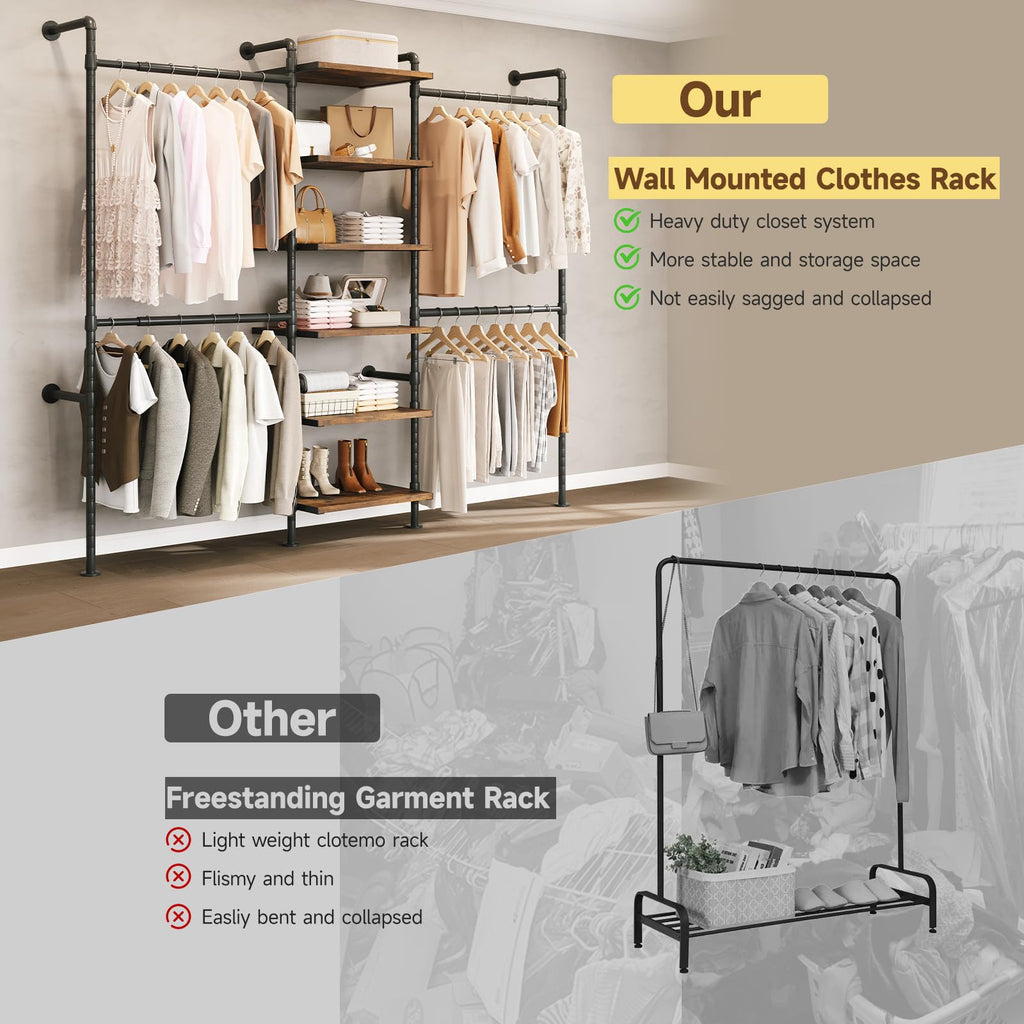T1 Wall Mounted Closet System with 6 Wood Shelves & 4 Hanging Rods