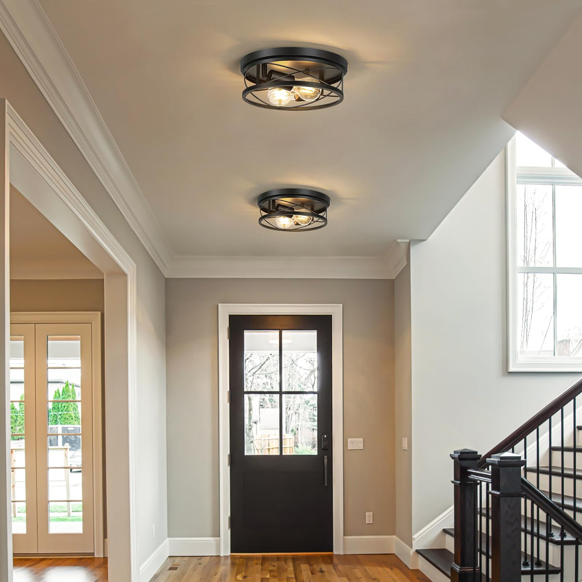 Farmhouse Ceiling Light, Black 2-Light Hallway Flush Mount Ceiling Lights, Round Metal Lighting Fixtures Ceiling