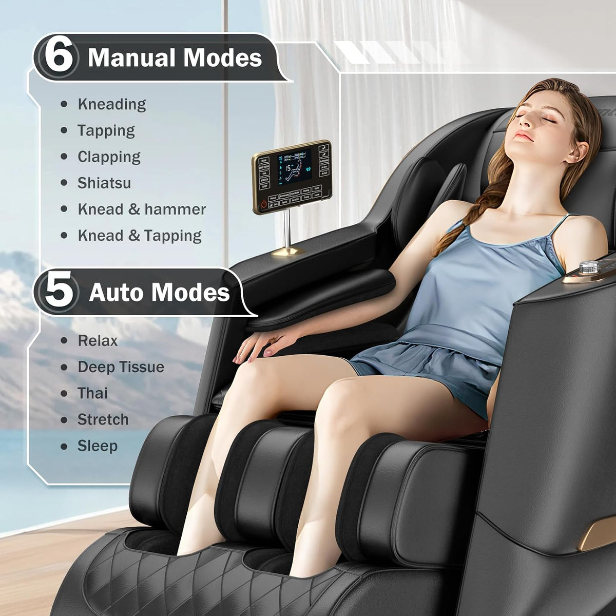 Massage Chair Full Body 53" SL-Track Zero Gravity Shiatsu, Black | Full-Body Airbags, 5 Modes, 6 Techniques, Body